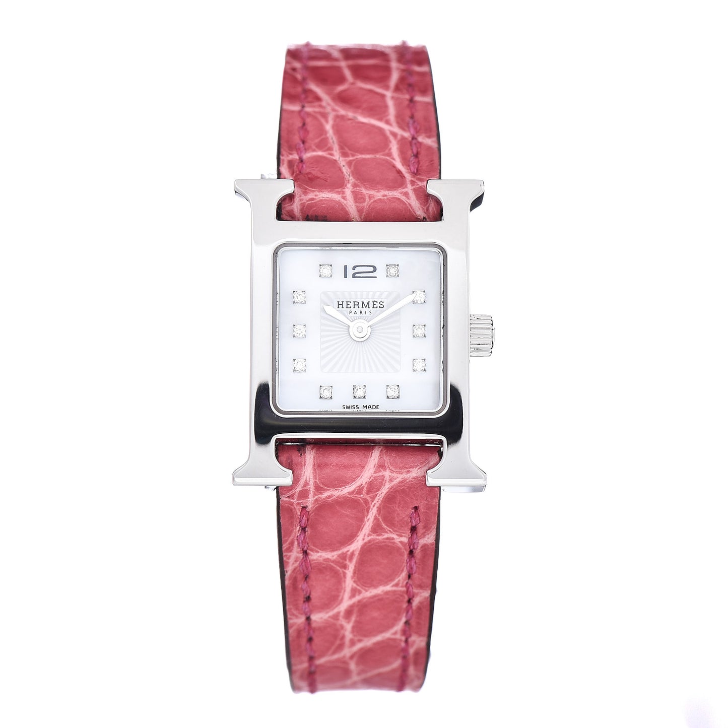 Stainless Steel Alligator Diamond Mother of Pearl 17.2mm Heure H Hour Quartz Watch Framboise