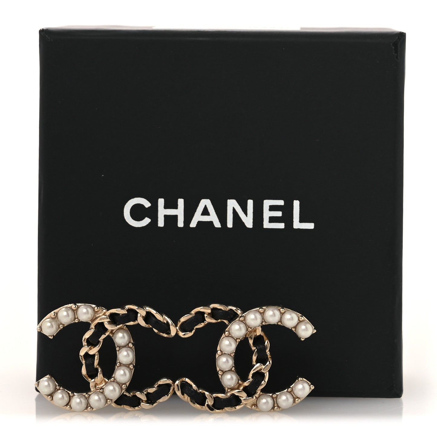 Pearl Lambskin Chain CC Stud Earrings Gold Black