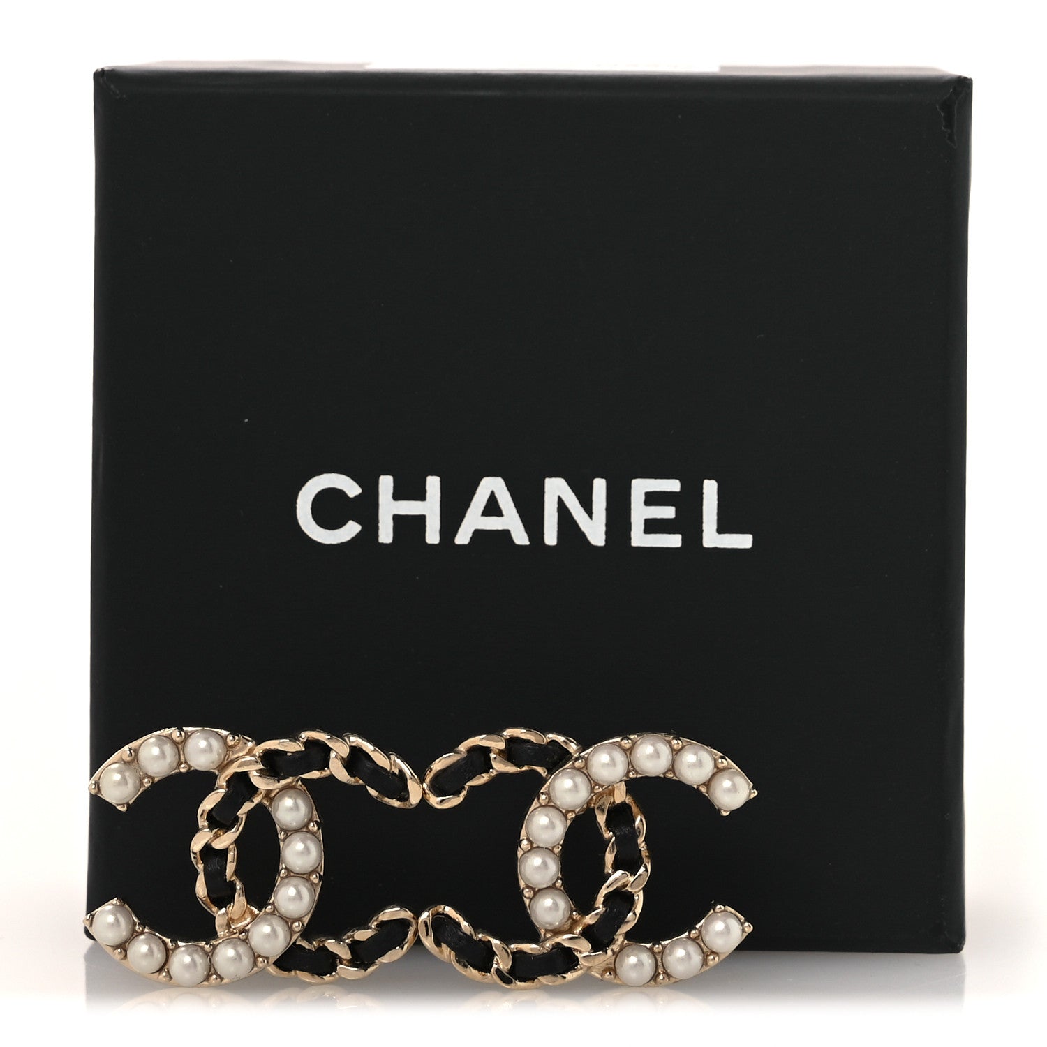 Chanel Pearl Lambskin Chain CC Stud Earrings Gold Black 5 of 5