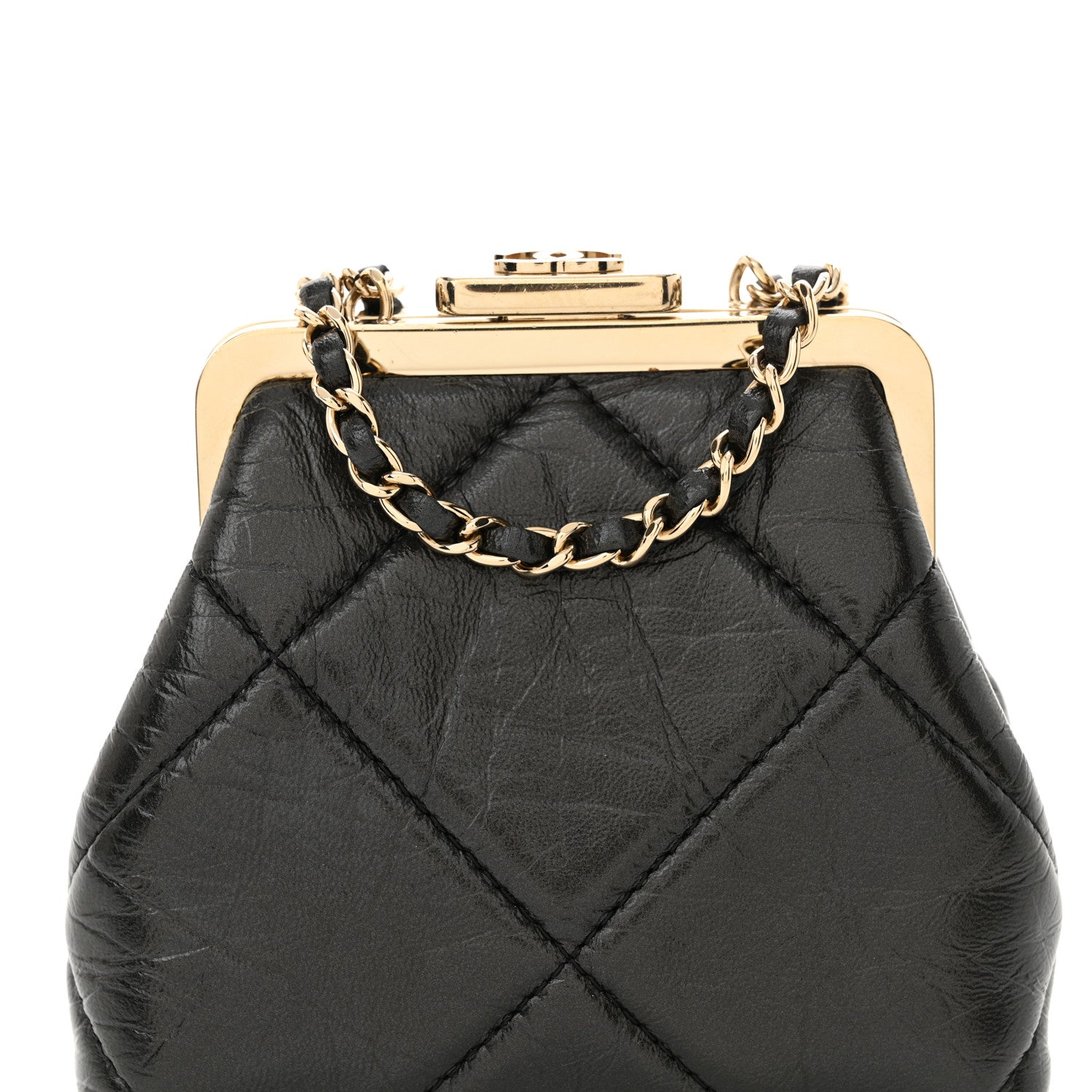 Chanel Shiny Aged Lambskin Quilted Kiss Lock Clutch With Chain