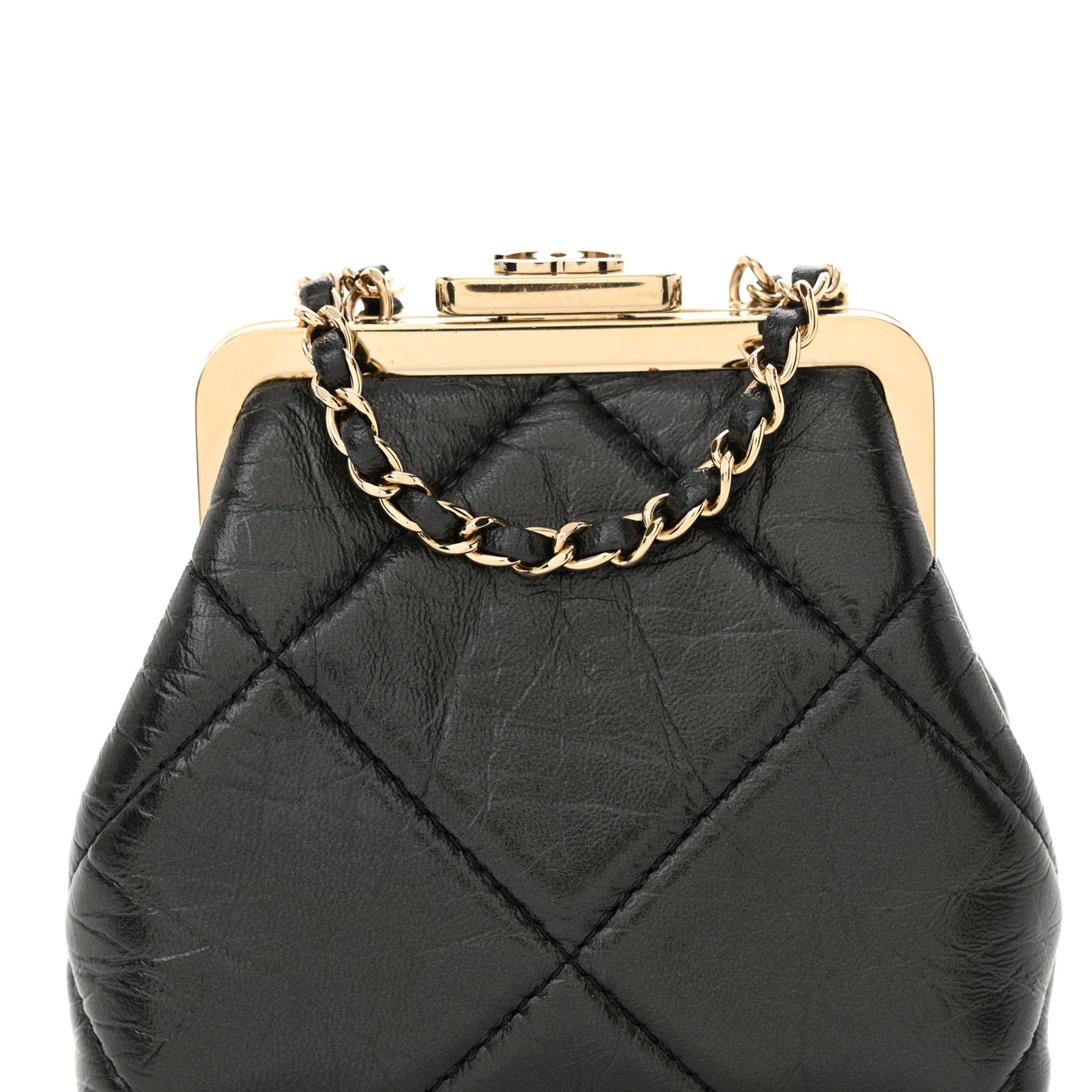 Shiny Aged Lambskin Quilted Kiss Lock Clutch With Chain Black