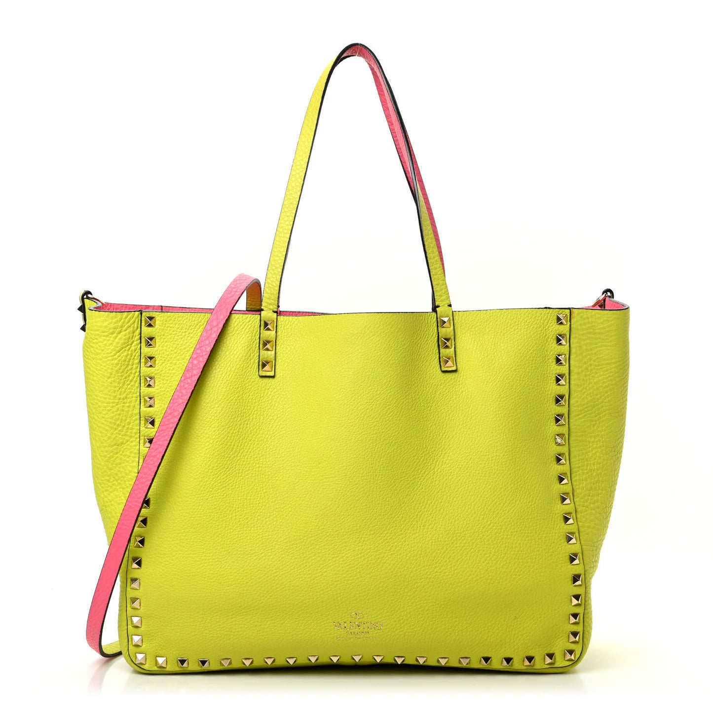 Grained Calfskin Large Rockstud Reversible Tote Pink Yellow