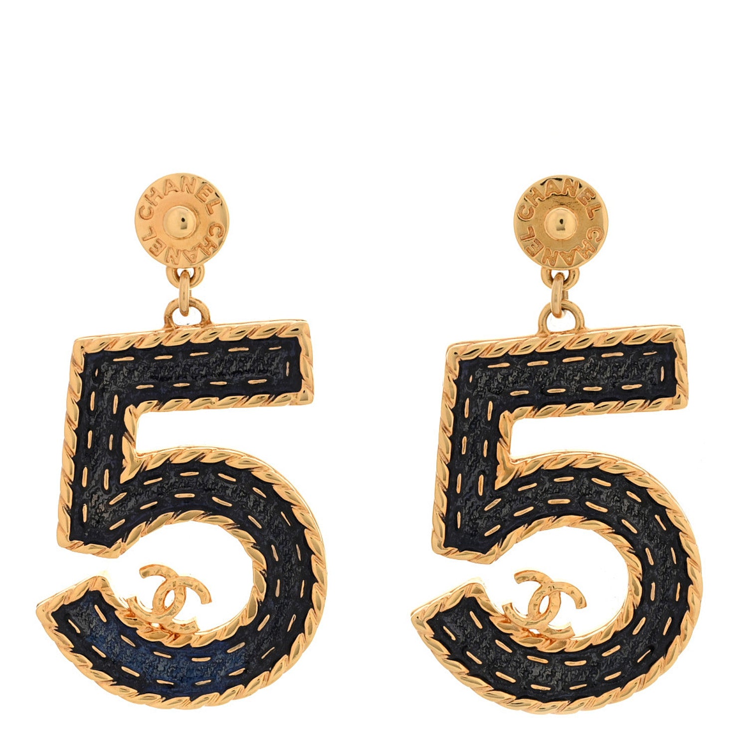 Chanel Metal Enamel CC No 5 Rope Drop Earrings Gold Denim Blue 1 of 5