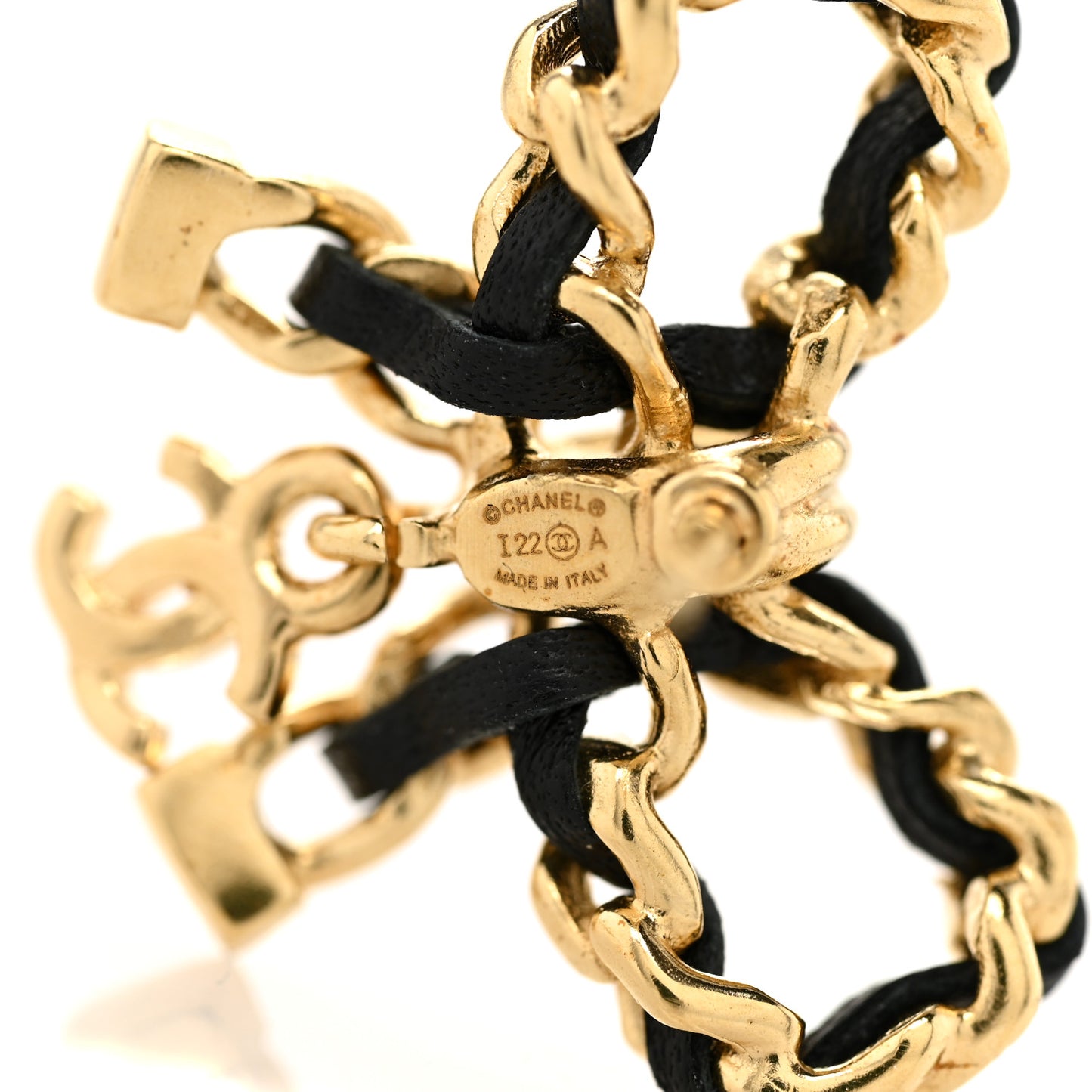 Lambskin Chain Bow Stud Earrings Black Gold