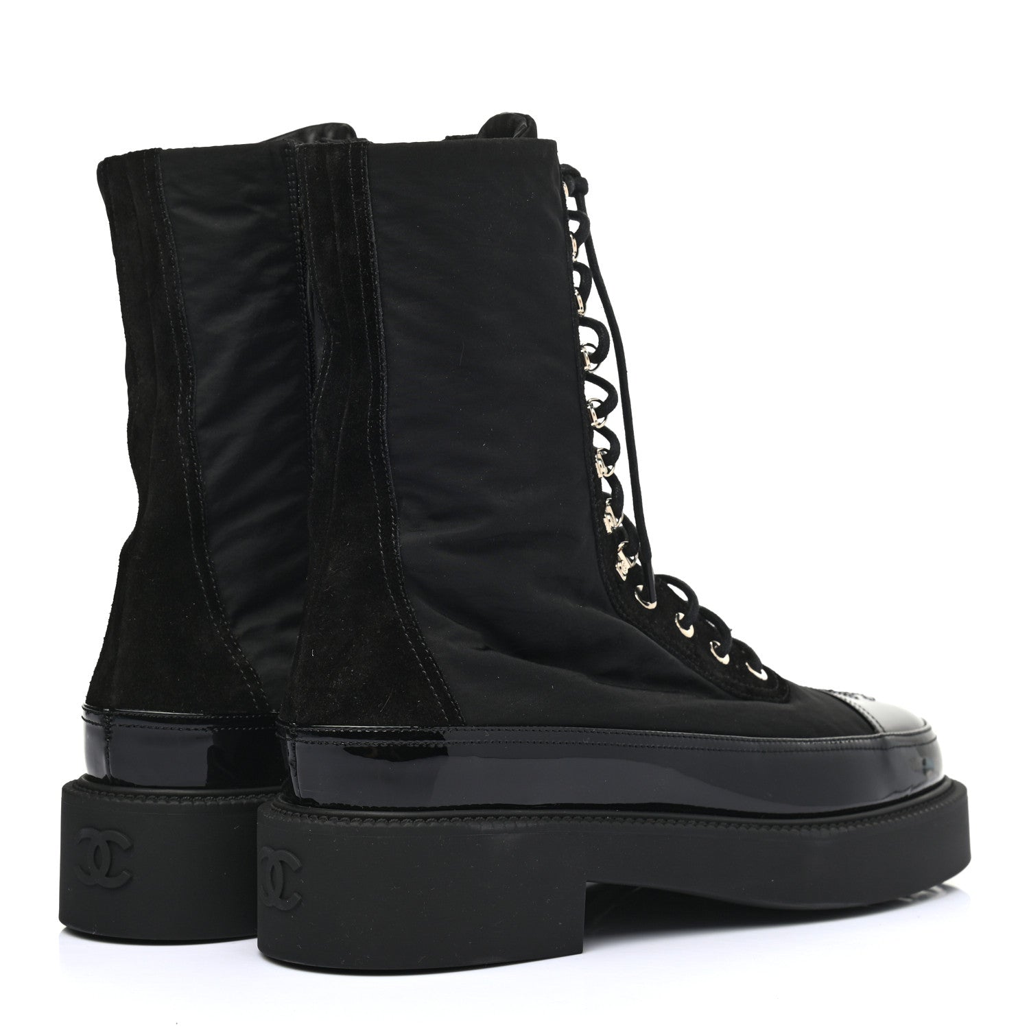 Chanel Nylon Suede Patent Calfskin Mens CC Lace Up Boots 42 Black 4 of 7