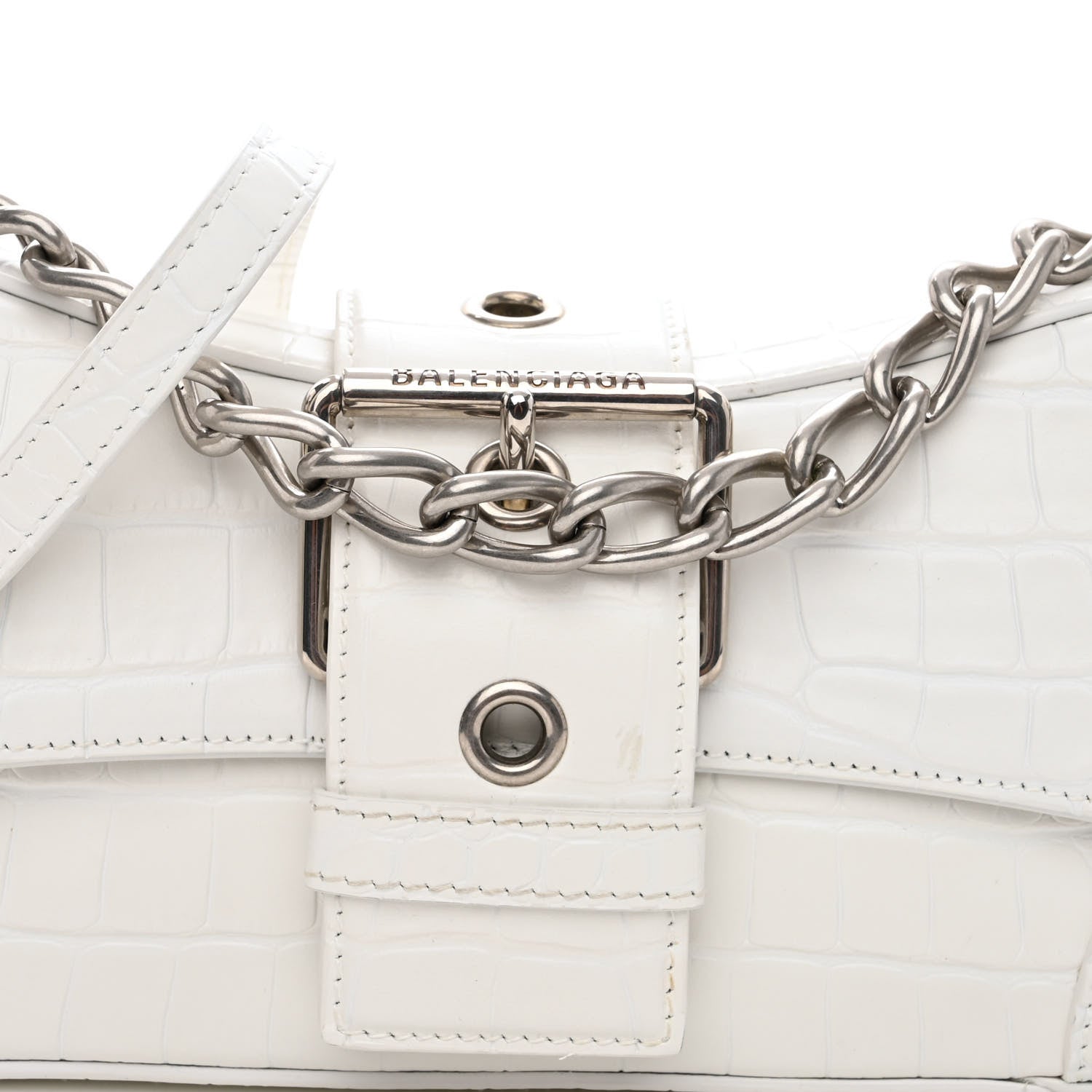 Balenciaga Calfskin Crocodile Embossed Small Lindsay Shoulder Bag Optic White 7 of 9