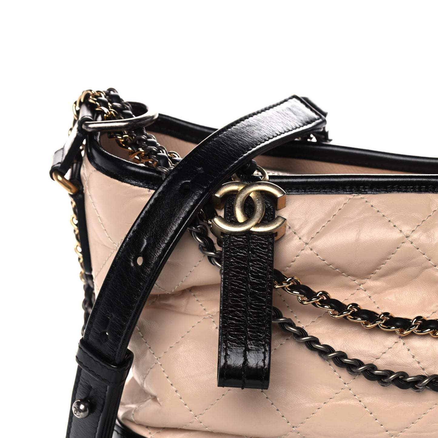 Aged Calfskin Quilted Medium Gabrielle Hobo Beige Black