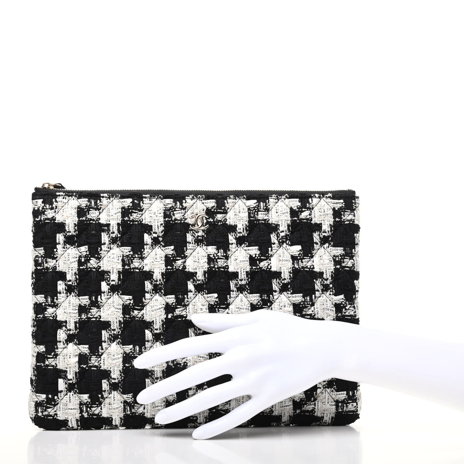 Chanel Tweed Quilted Medium Cosmetic Pouch Black Ecru White 2 of 8