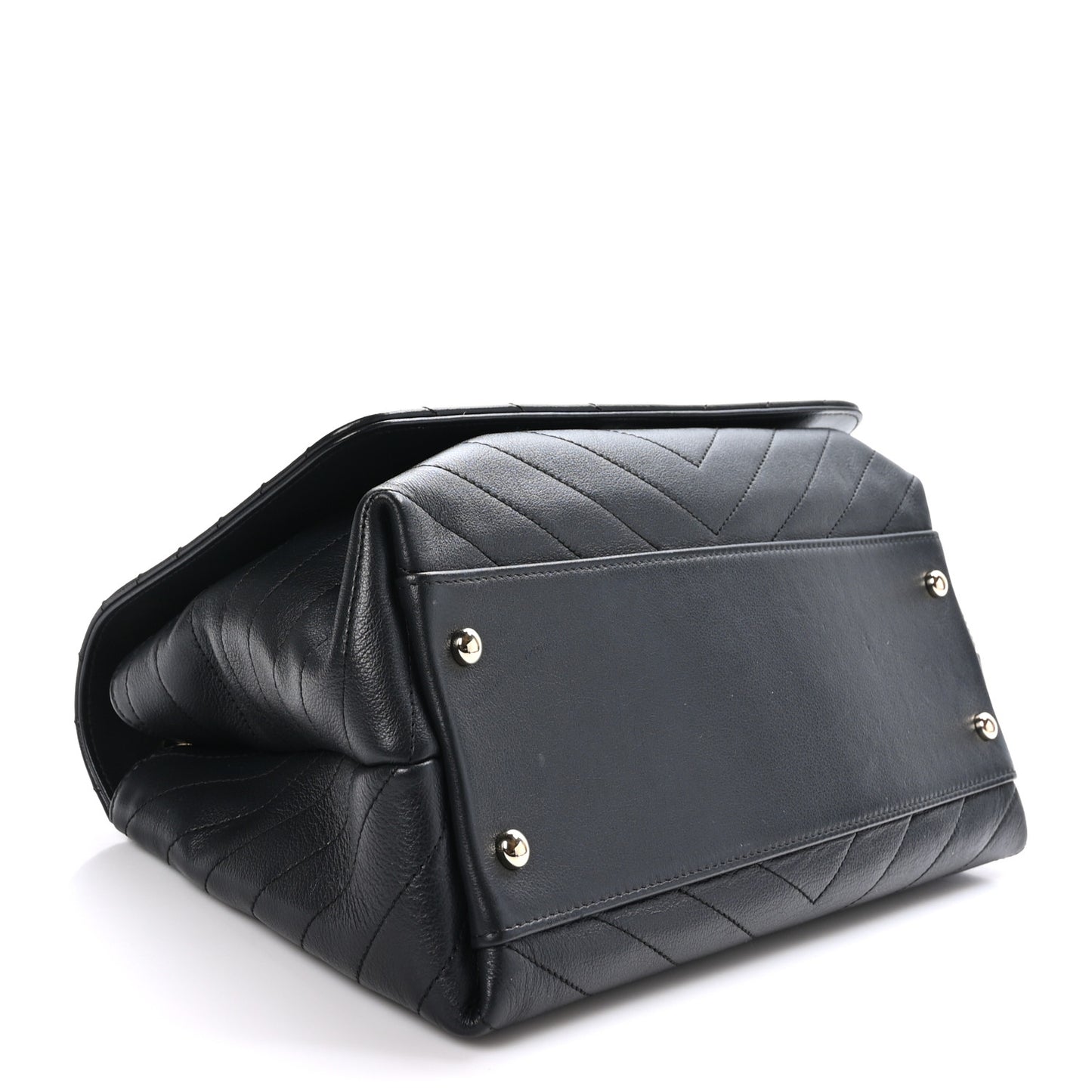 Grained Calfskin Chevron Stitched Medium Chic Top Handle Flap Black