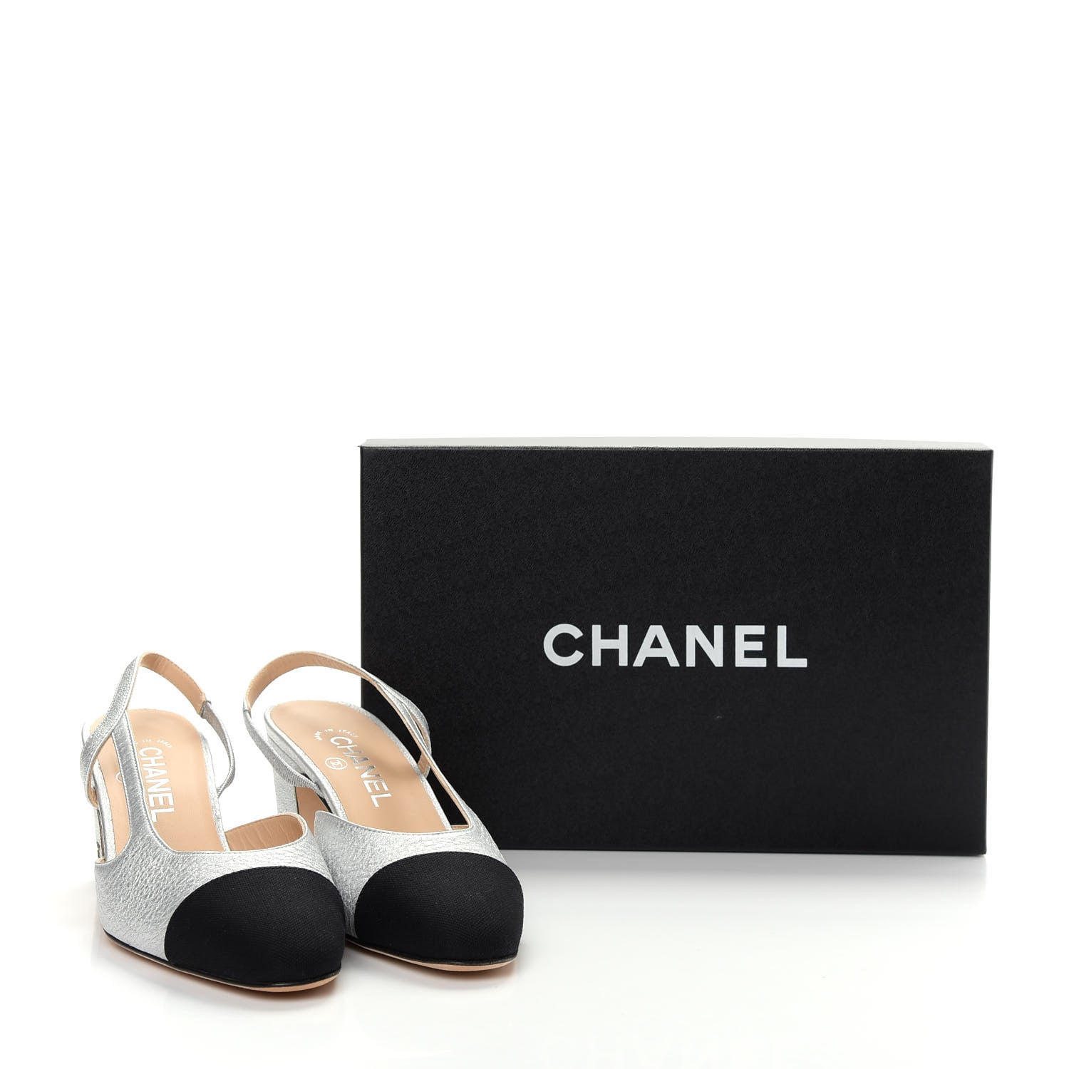 Chanel Metallic Lambskin Grosgrain Cap Toe CC Slingback Sandals 38 Black Silver 11 of 11