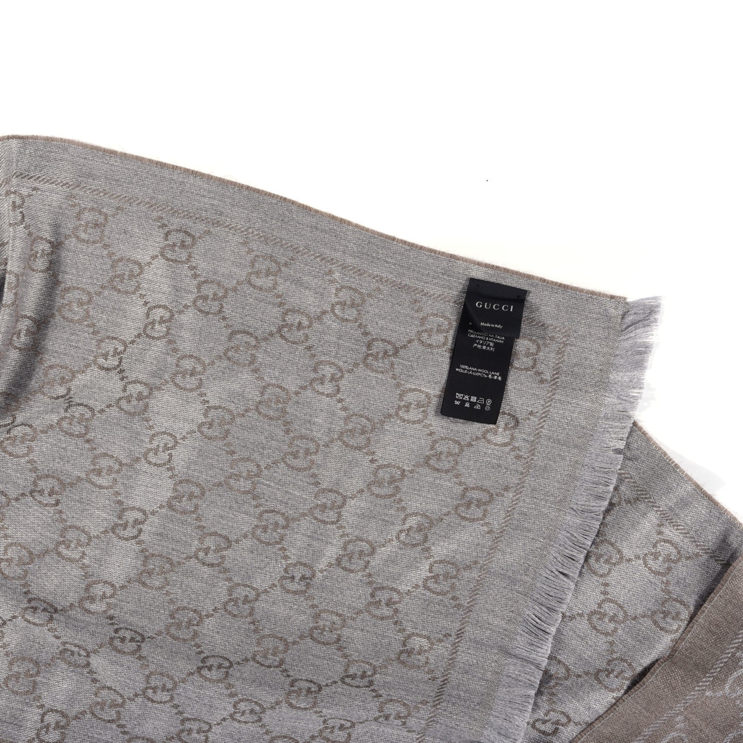 Wool Jacquard GG Monogram Sten Fringe Scarf Taupe Light Grey
