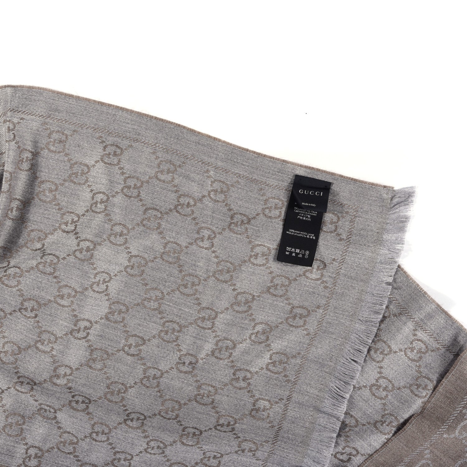 Gucci Wool Jacquard GG Monogram Sten Fringe Scarf Taupe Light Grey 3 of 3