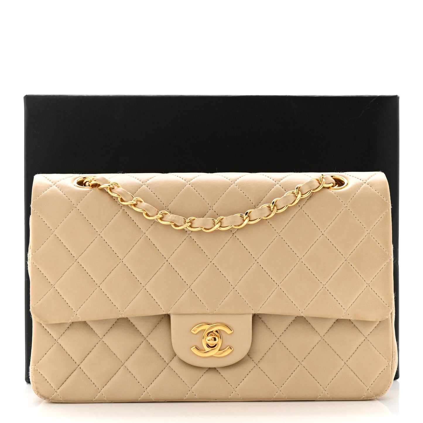 Lambskin Quilted Small Double Flap Beige