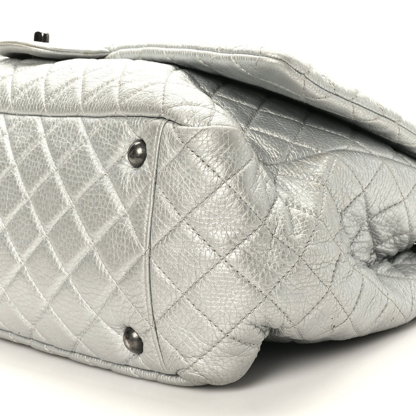 Metallic Calfskin Quilted XXL Travel Flap Bag Silver