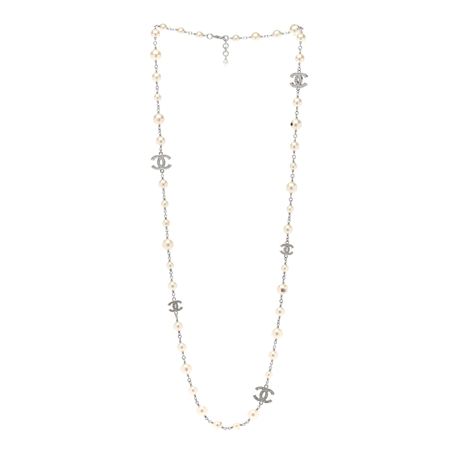 Graduated Pearl Crystal CC Long Necklace Silver