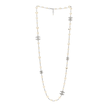 Chanel Graduated Pearl Crystal CC Long Necklace Silver 3 of 7