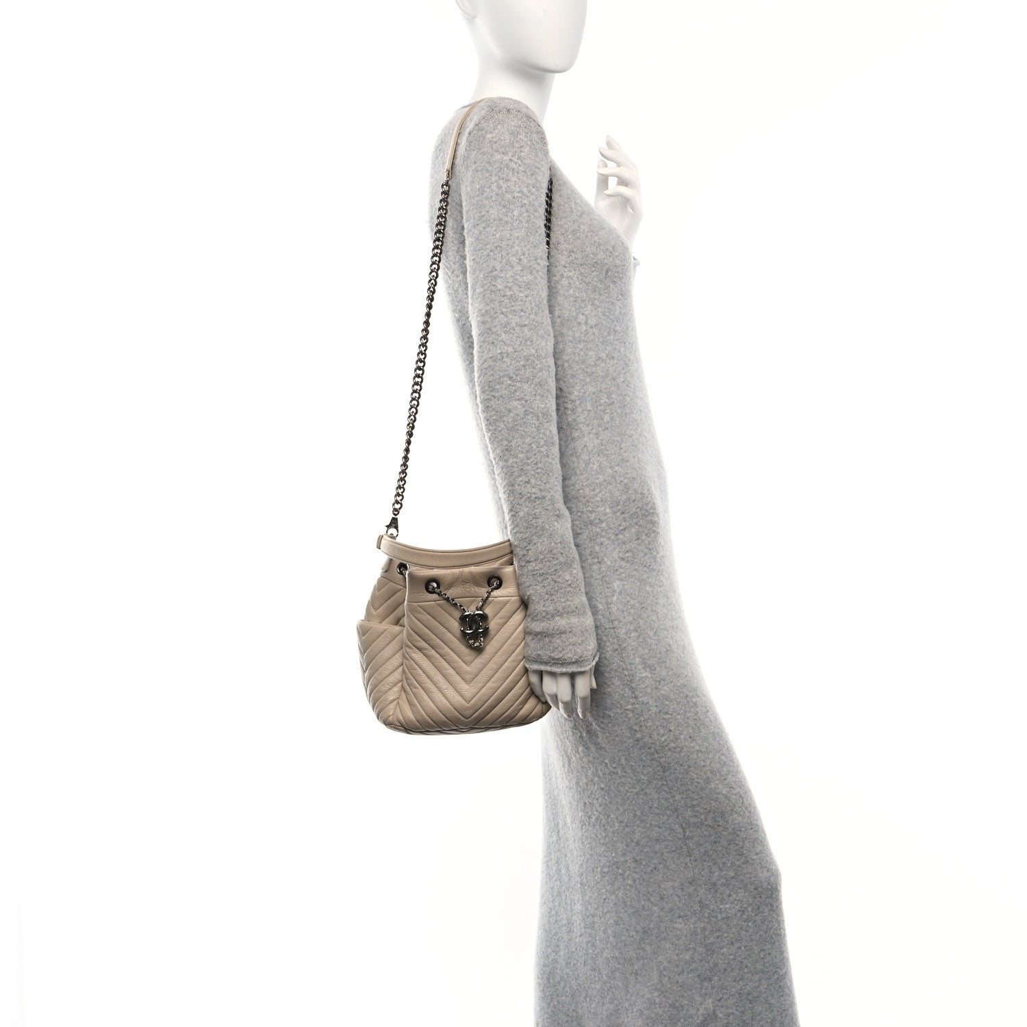 Chanel Deerskin Chevron Small CC Chain Bucket Bag Beige 2 of 10