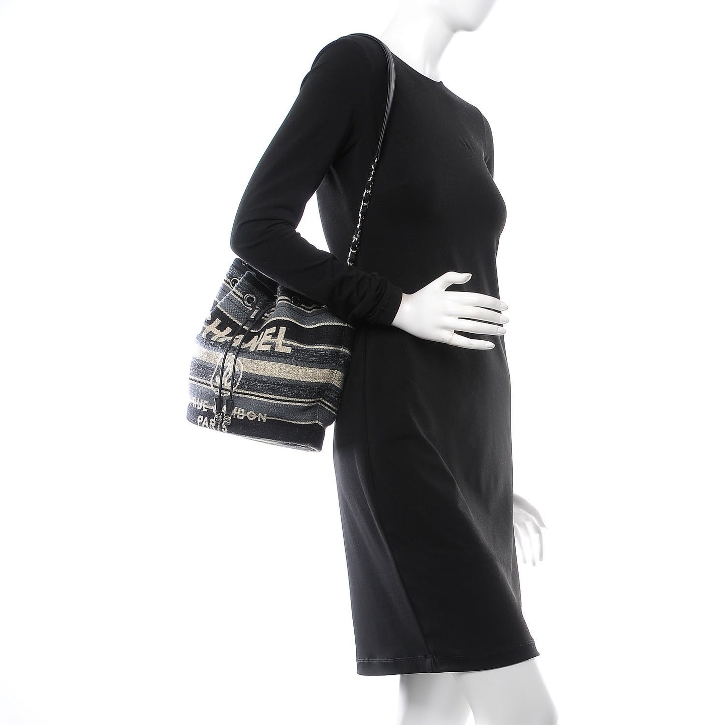 Striped Canvas Deauville Drawstring Bag Grey Black