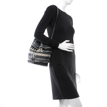 Chanel Striped Canvas Deauville Drawstring Bag Grey Black 2 of 7