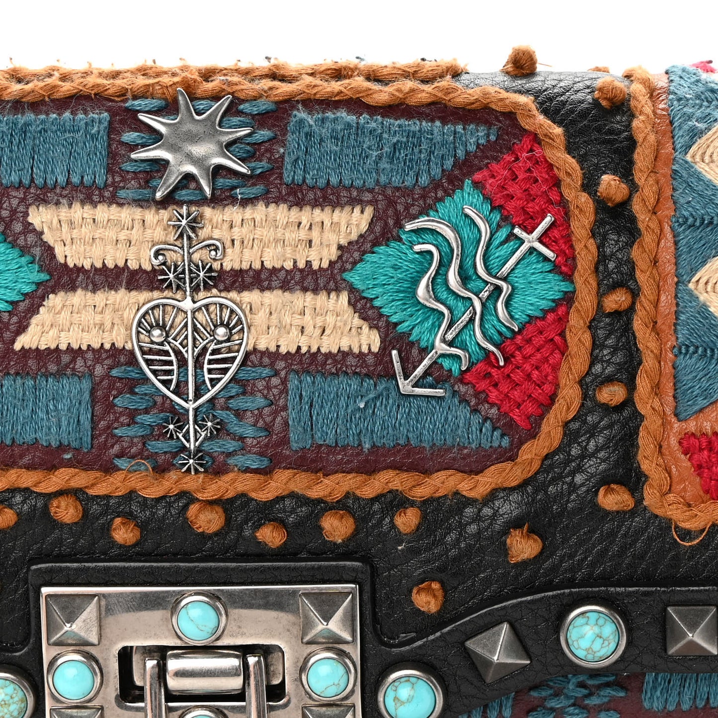 Calfskin Embroidered Medium Guitar Strap Rockstud Rolling Flap Saddle Bag Black