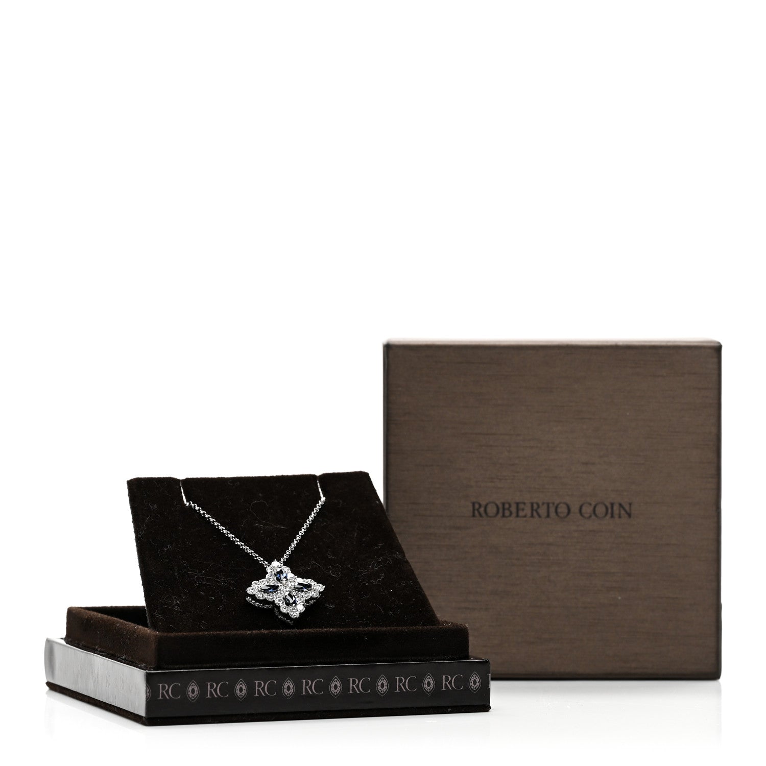 Roberto Coin 18K White Gold Diamond Blue Sapphire Large Princess Flower Pendant Necklace 6 of 6