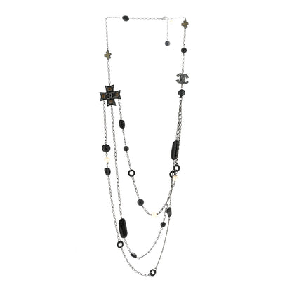 Chanel Resin Pearl Beaded CC Cross Multi Strand Long Necklace Ruthenium Black 3 of 6