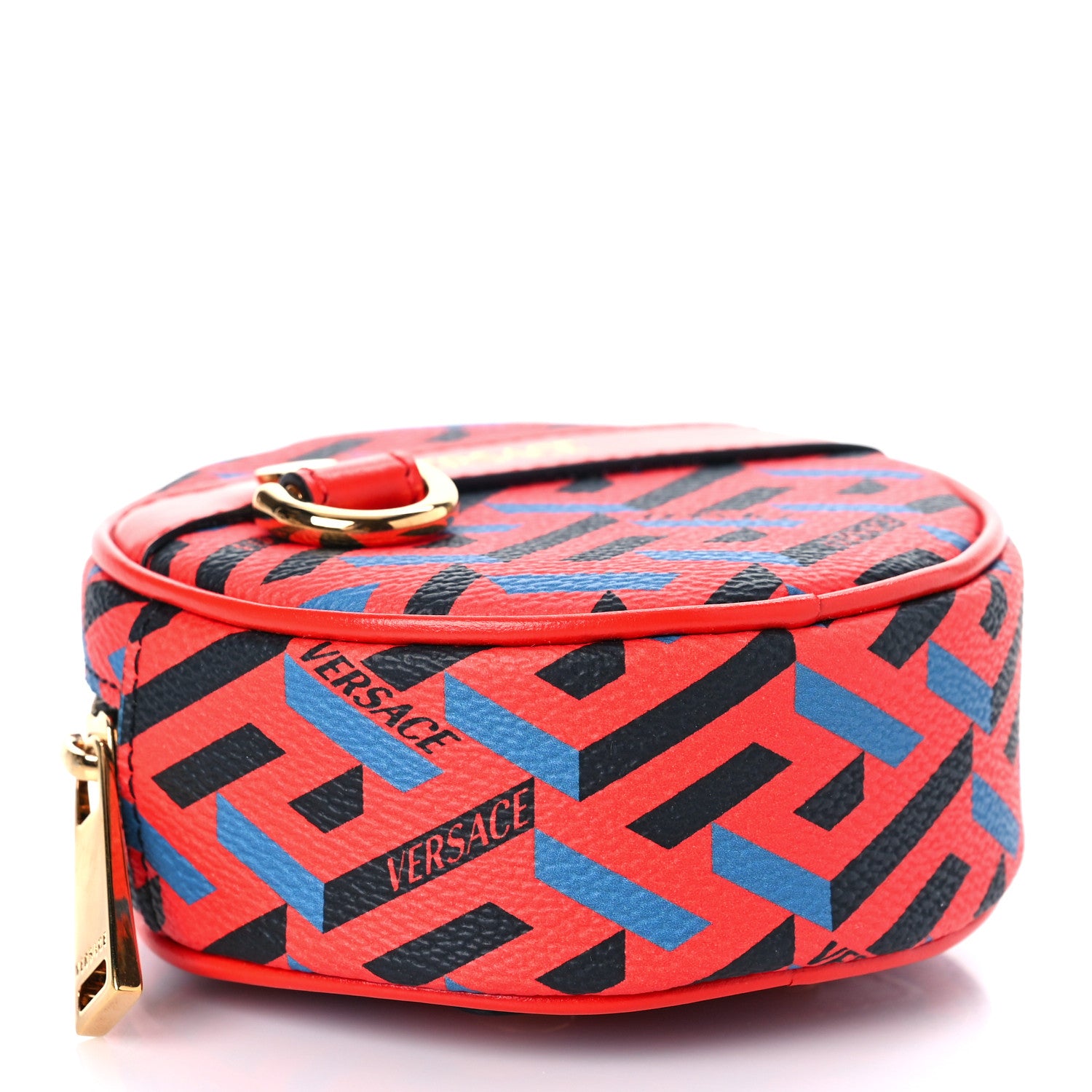 Versace Coated Canvas Calfskin La Greca Round Zip Pouch Blue Red 4 of 8