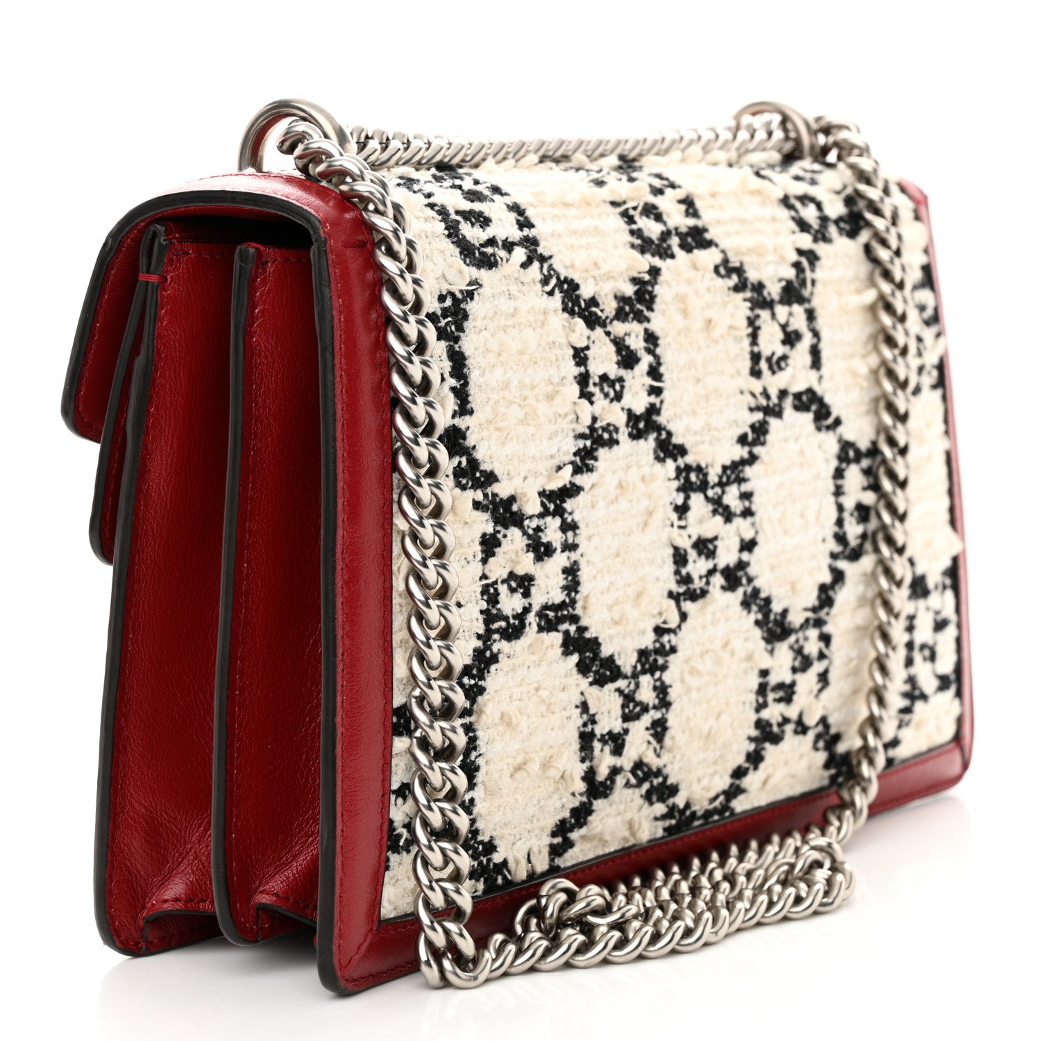 Gucci Tweed GG Monogram Small Dionysus Shoulder Bag White Black Romantic Cherry 3 of 12