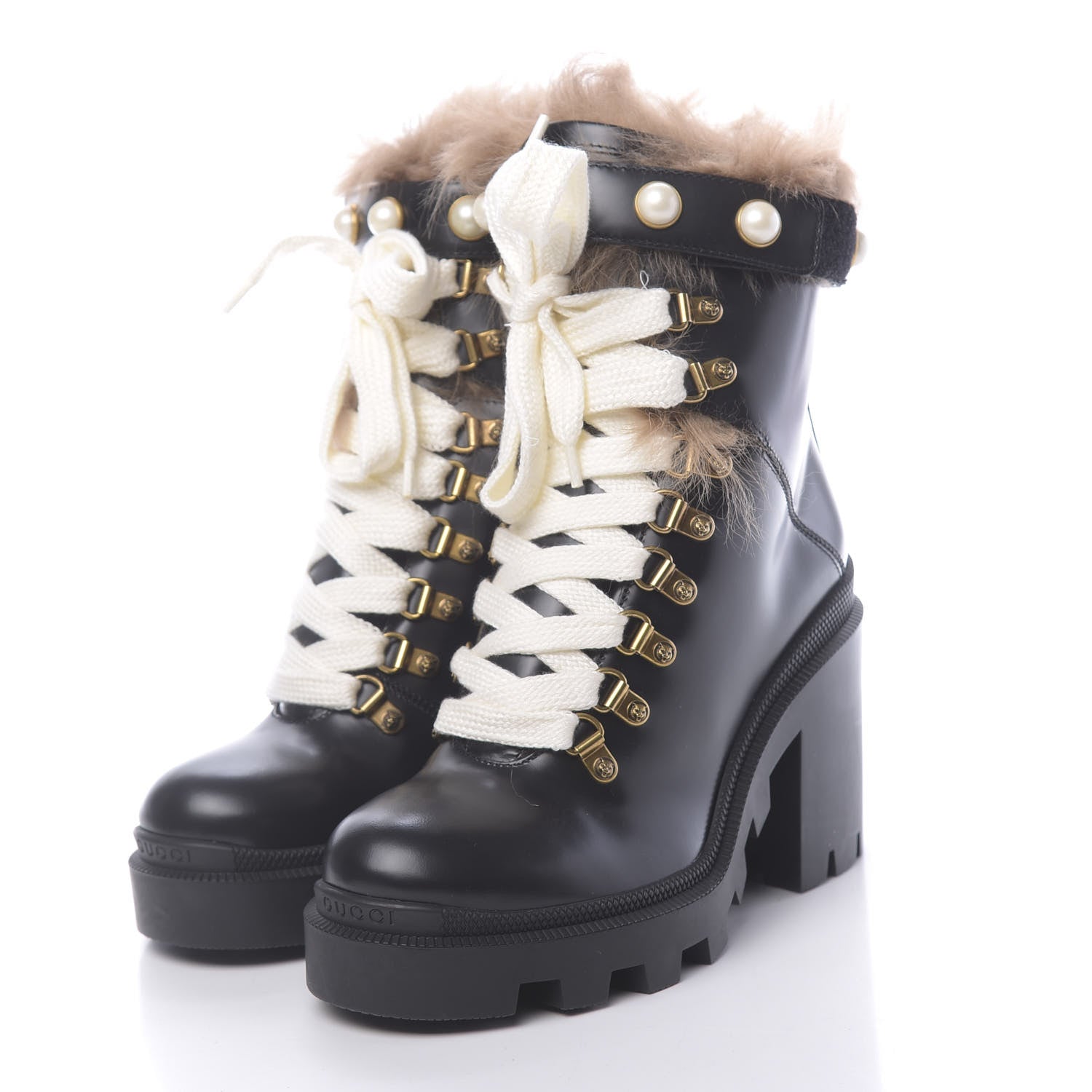 Gucci Magnum Calfskin Fur Pearl Lace Up Combat Ankle Boots 36.5 Black Naturale 3 of 8