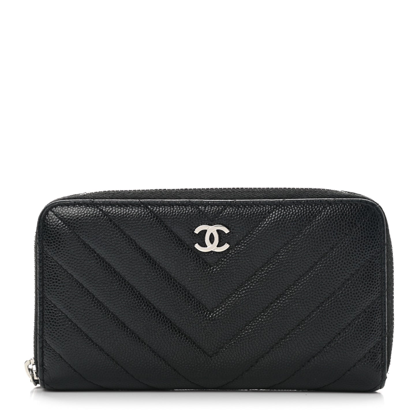 Caviar Chevron Quilted Small Zip Around Wallet Black