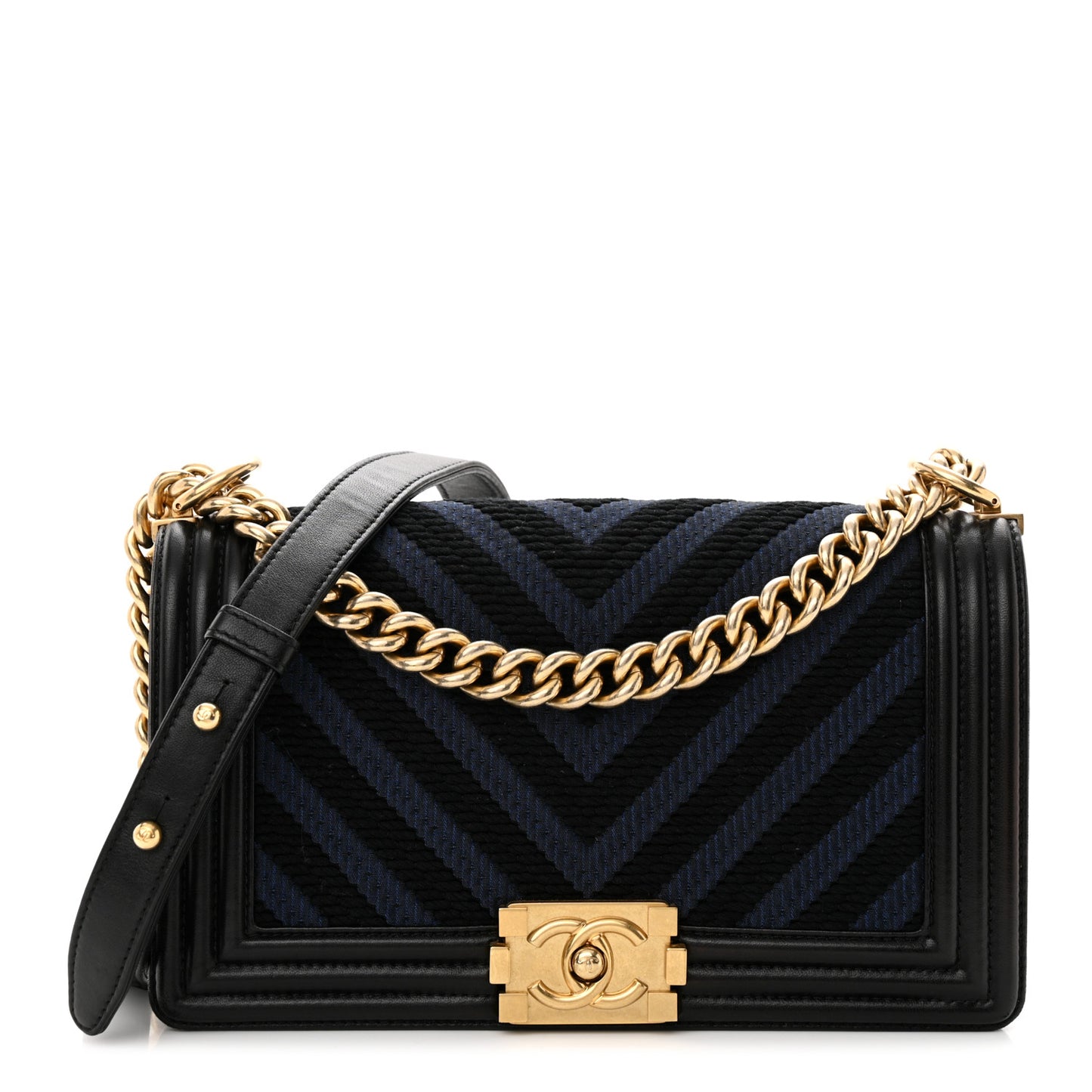 Fabric Chevron Braided Medium Boy Flap Black Navy