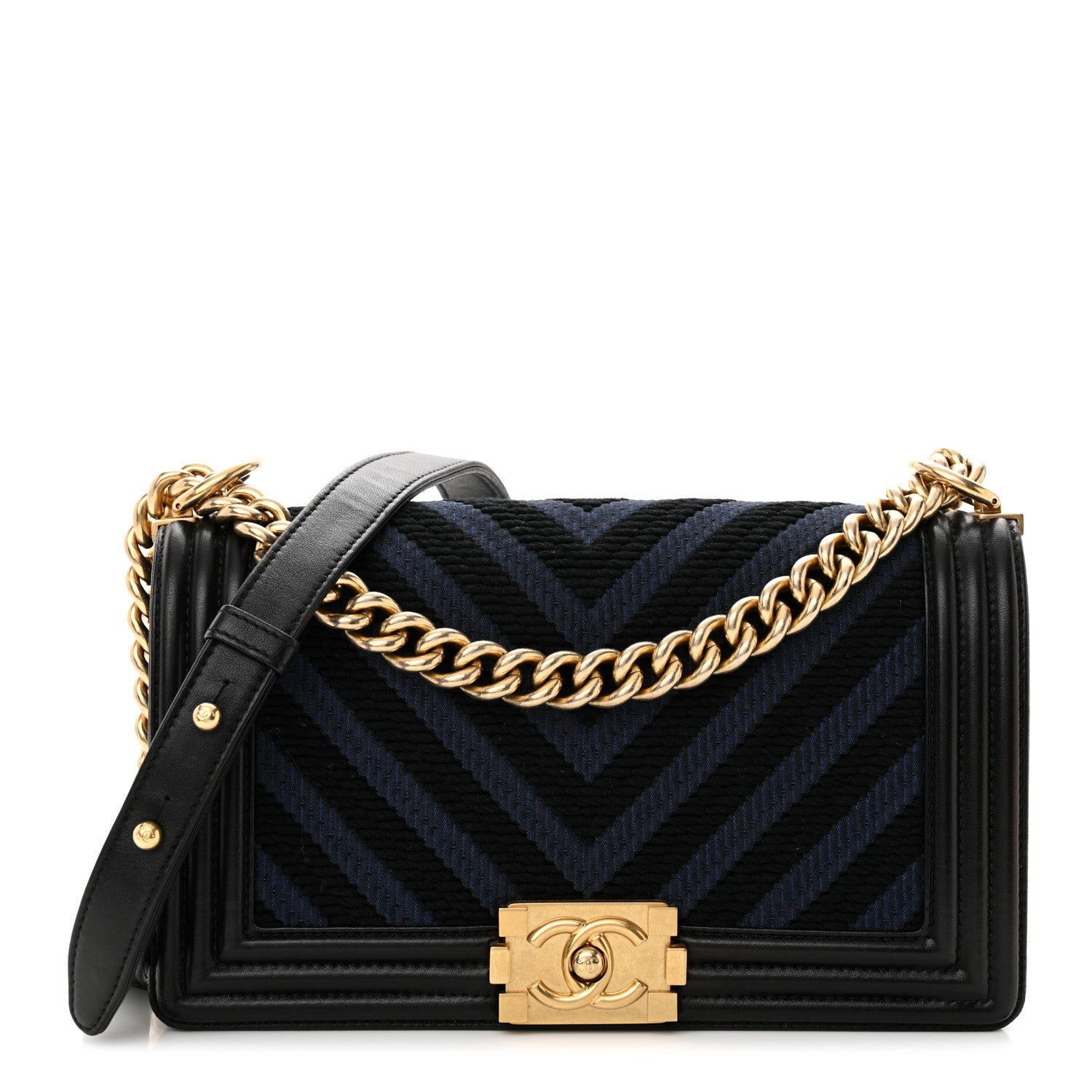 Chanel Fabric Chevron Braided Medium Boy Flap Black Navy 1 of 13
