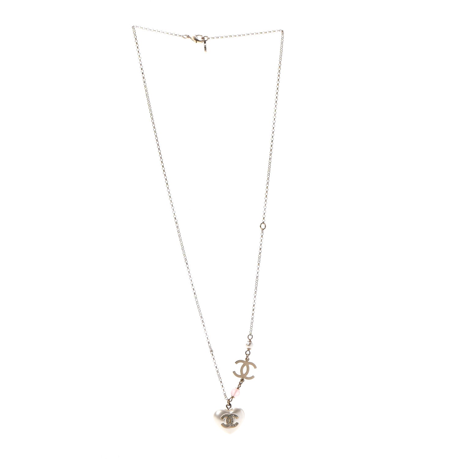 Chanel Resin Crystal CC Heart Necklace Pearly White Gold 3 of 5