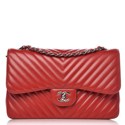 Chanel Caviar Chevron Quilted Jumbo Double Flap Dark Red 1 of 8