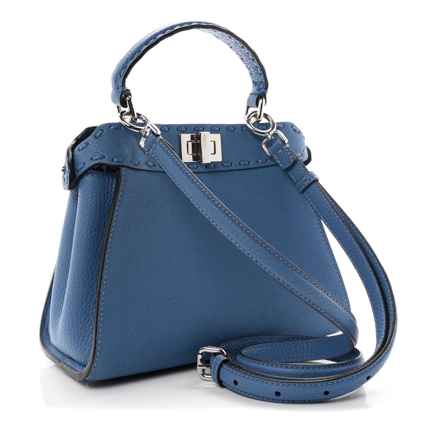 Fendi Cuoio Romano Selleria Macro Stitchings Mini Peekaboo Iconic Satchel Placca Argento Blue 3 of 10