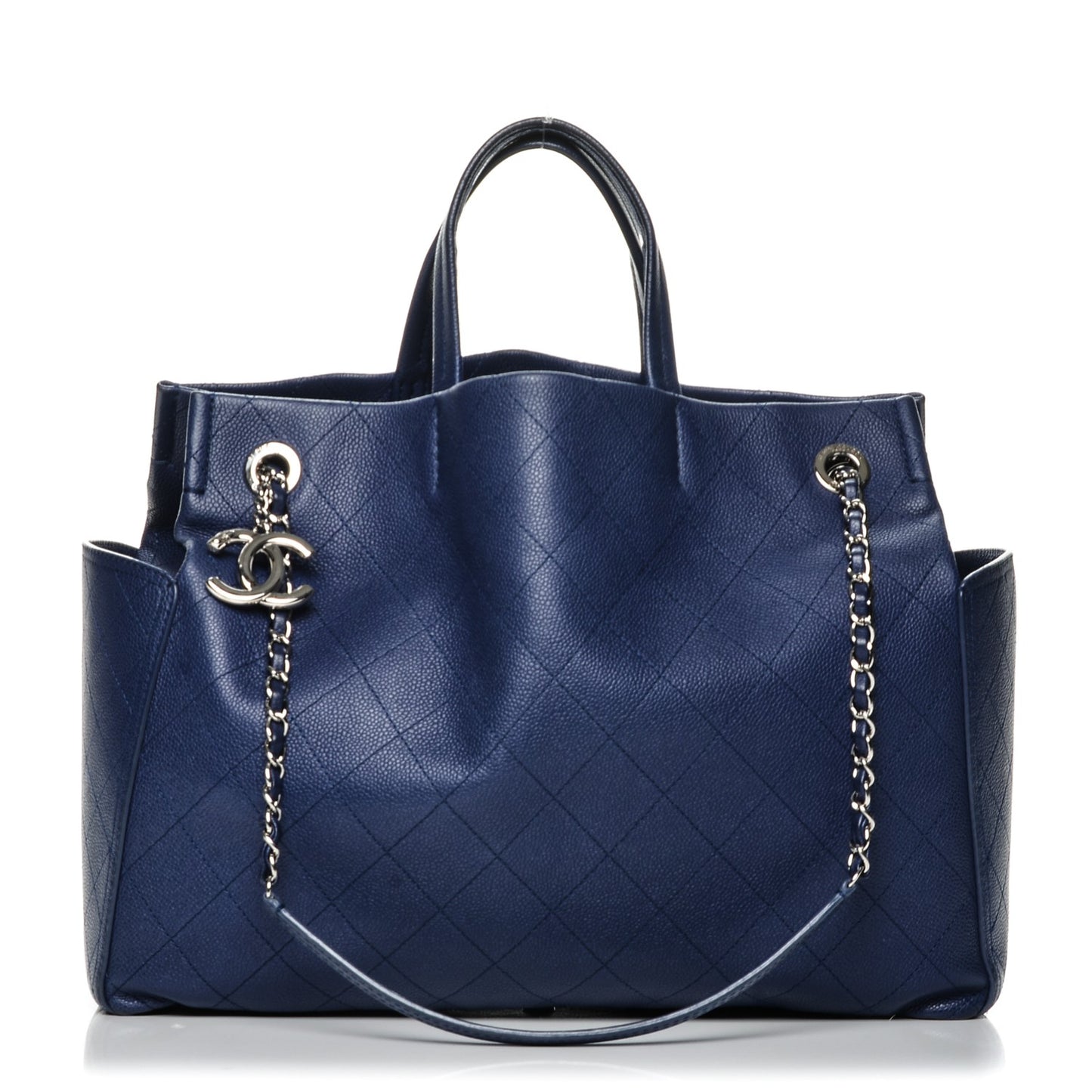 Grained Calfskin CC Pocket Tote Navy Blue