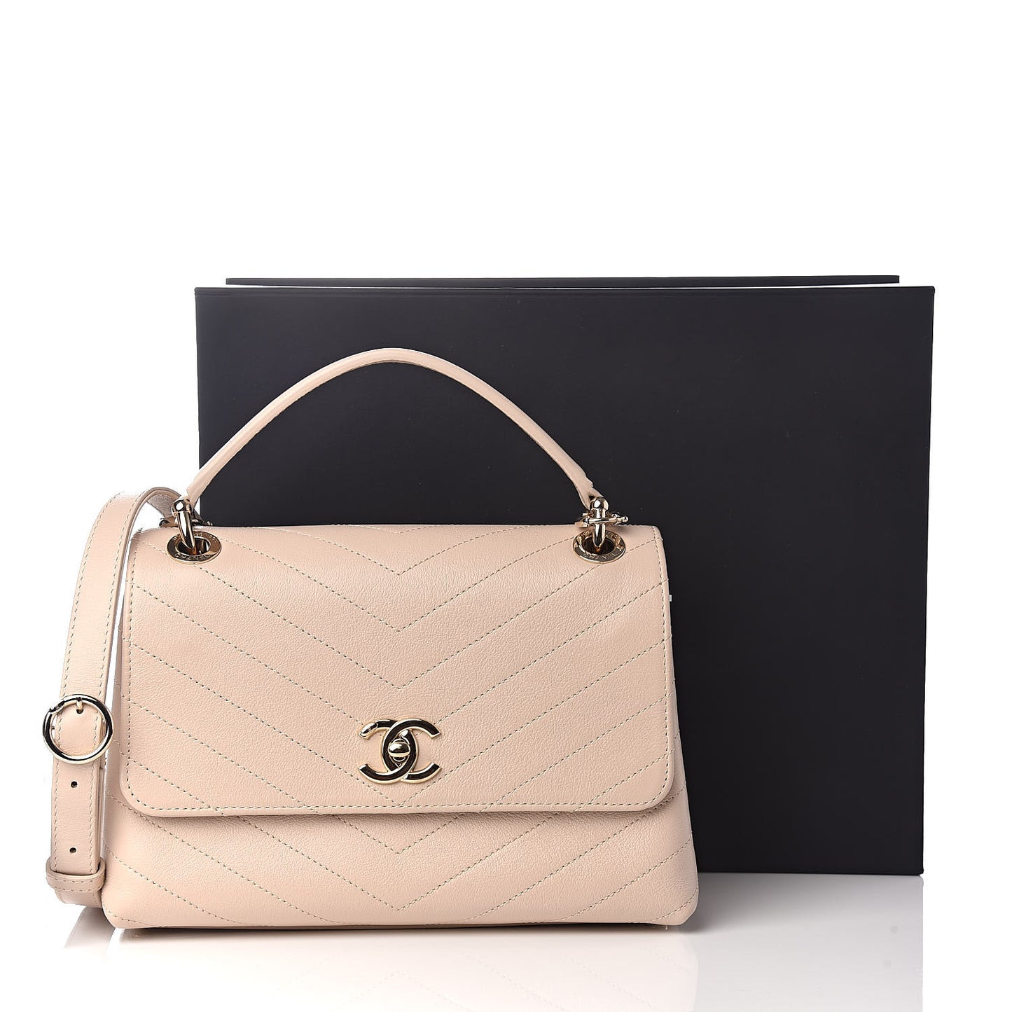 Grained Calfskin Small Chevron Chic Top Handle Flap Beige