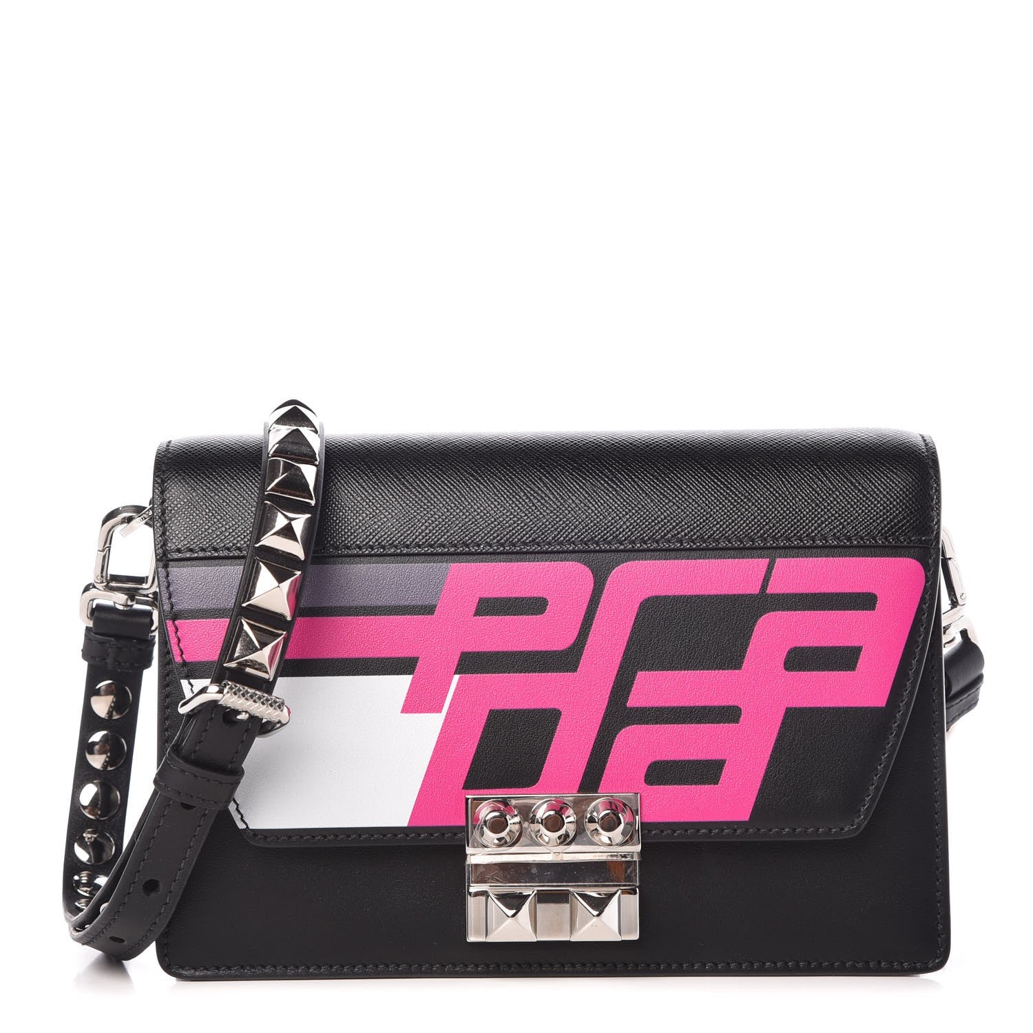 Prada City Calfskin Saffiano Racing Logo Elektra Shoulder Bag Fuxia Black 1 of 6