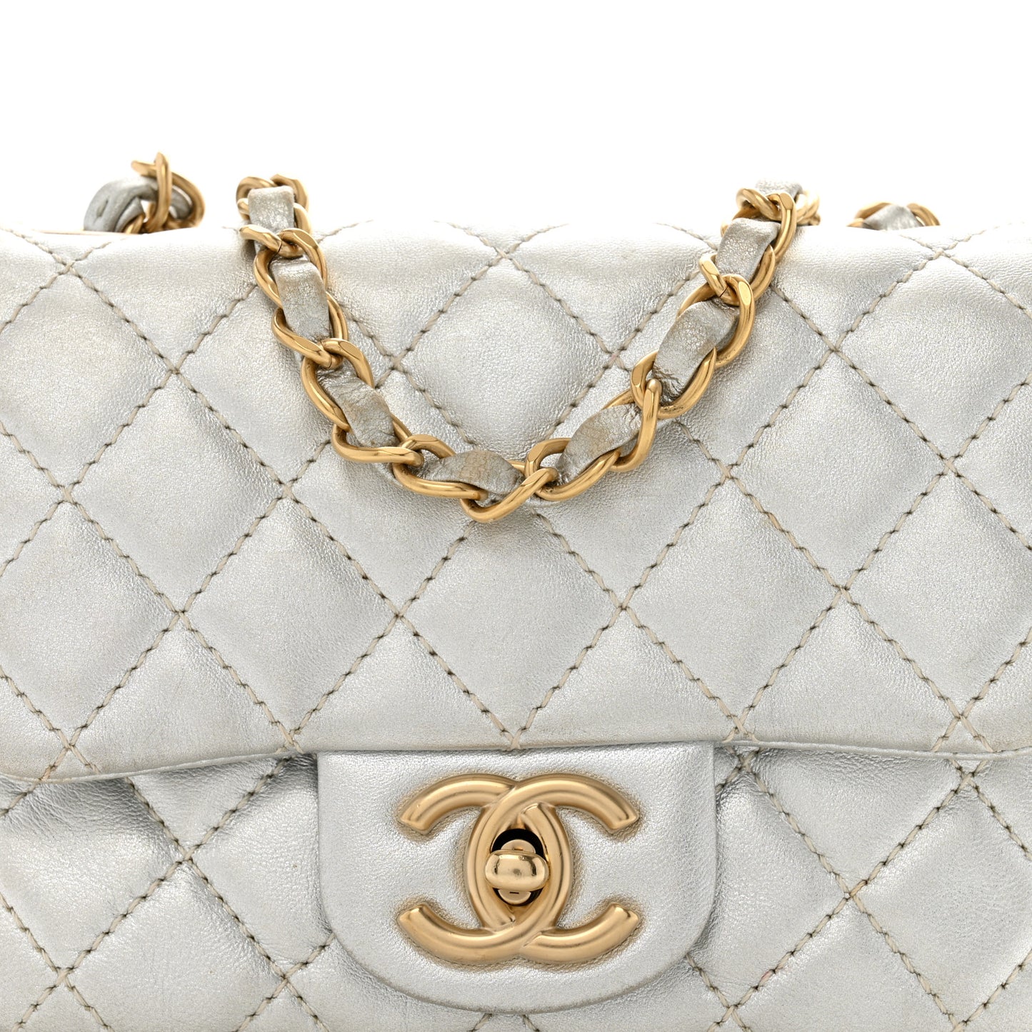 Metallic Lambskin Quilted Mini Square Flap Silver