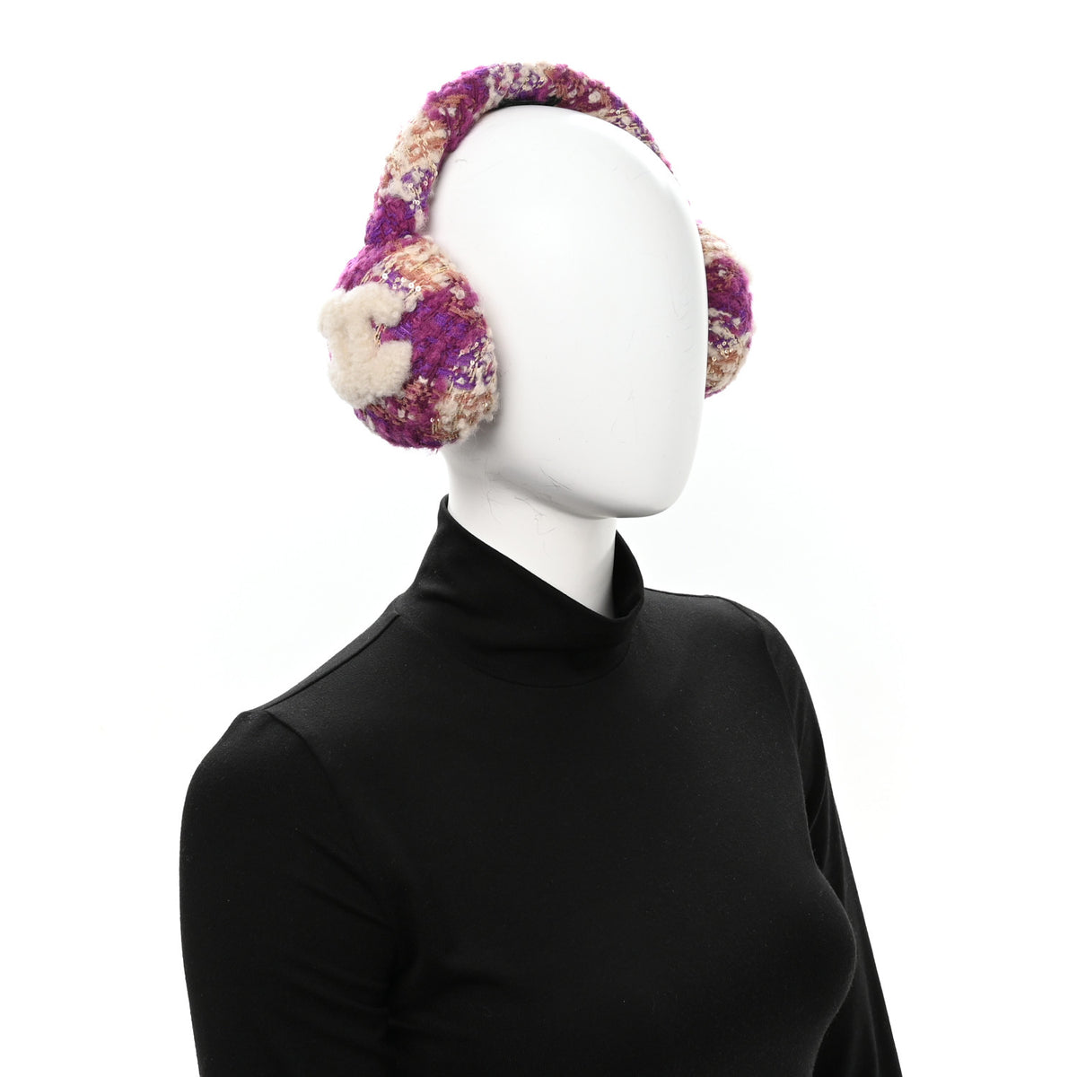 Tweed Shearling CC Ear Muffs Ecru Purple Dark Fuchsia Dark Pink