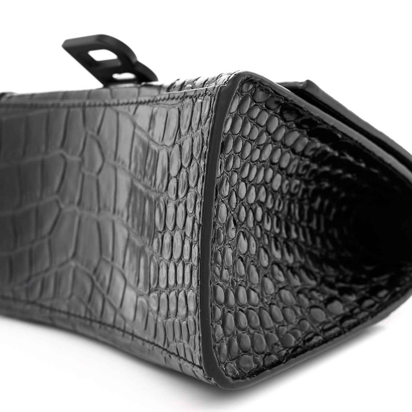 Shiny Calfskin Monochrome Crocodile Embossed Small Hourglass Top Handle Bag Black