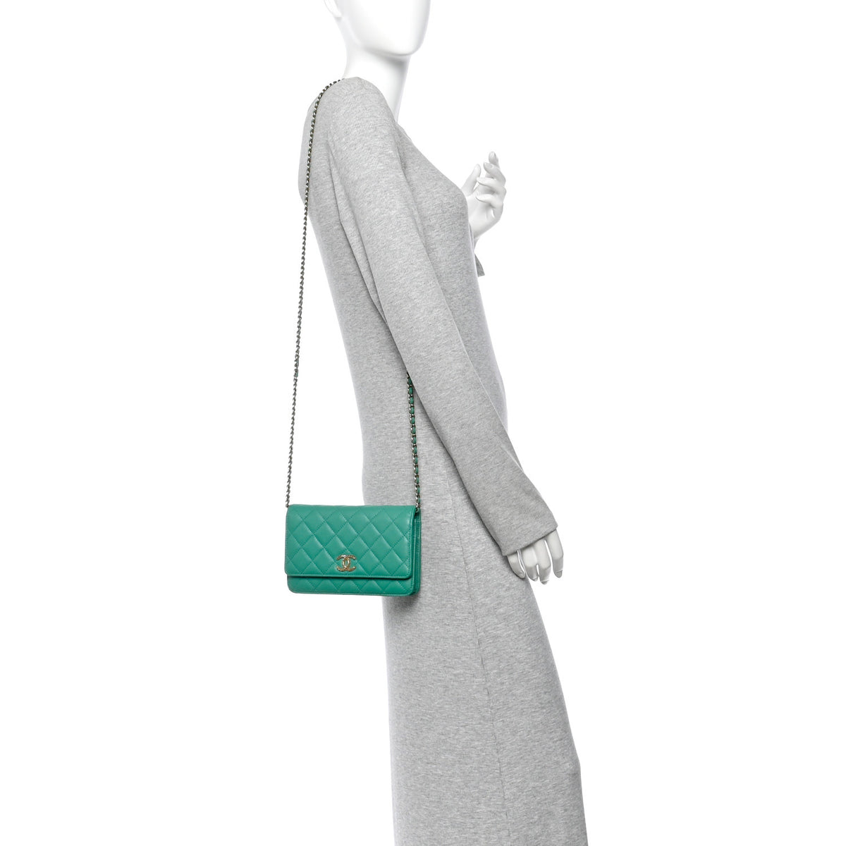 Caviar Quilted Perforated Metal CC Wallet on Chain WOC Green