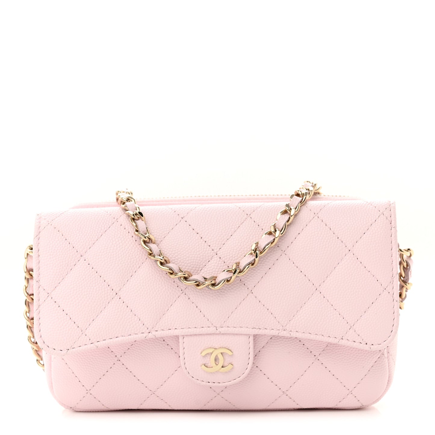 Caviar Quilted Flap Phone Holder With Chain Light Pink