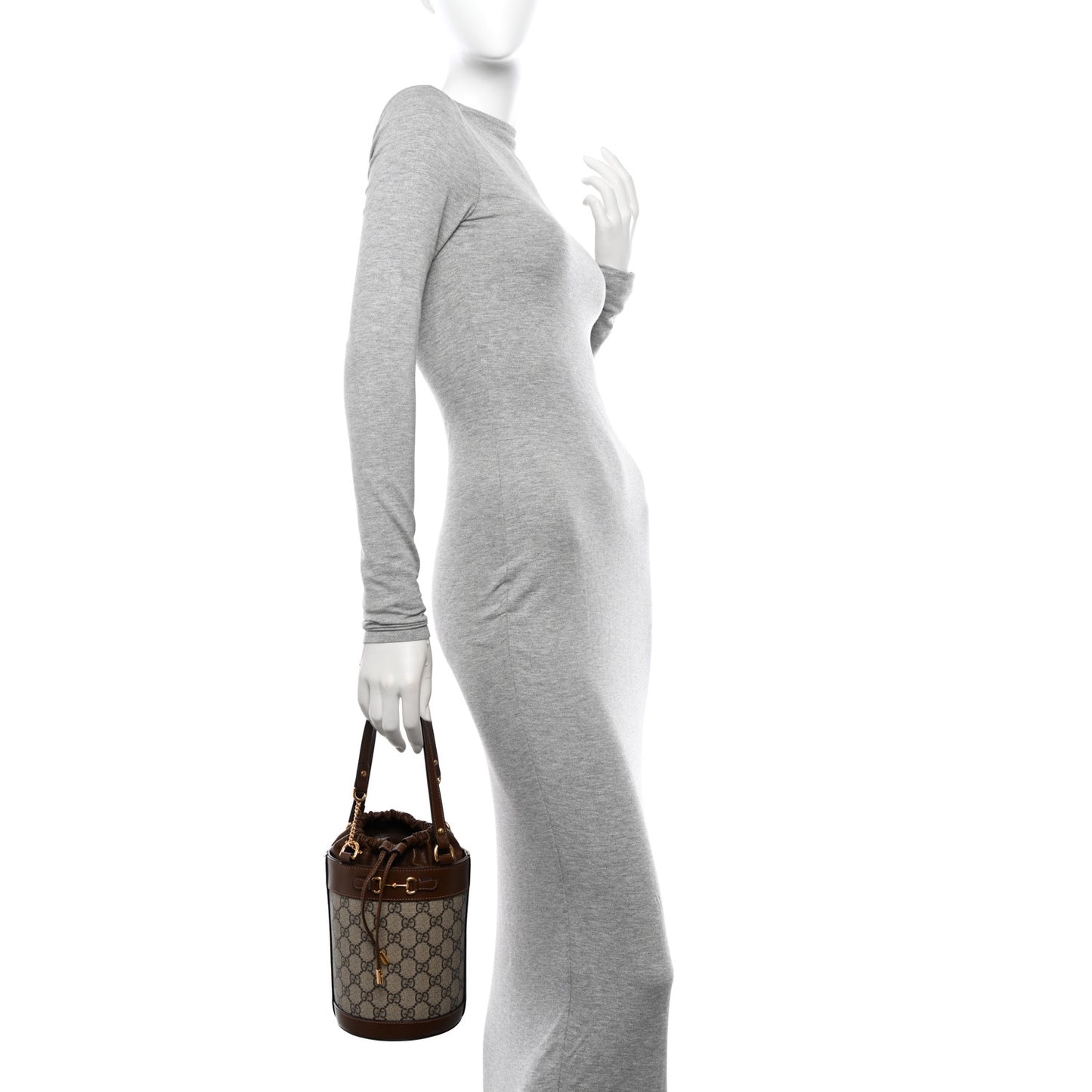 GG Supreme Monogram Azalea Sakai Calfskin Small Horsebit 1955 Drawstring Bucket Bag Beige Ebony Brown Sugar
