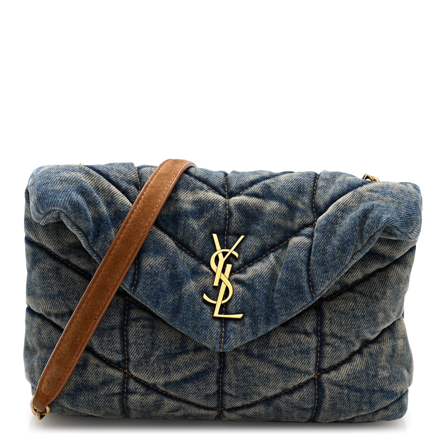 Saint Laurent Denim Quilted Toy Loulou Puffer Monogram Chain Satchel Blue Cinnamon 1 of 9
