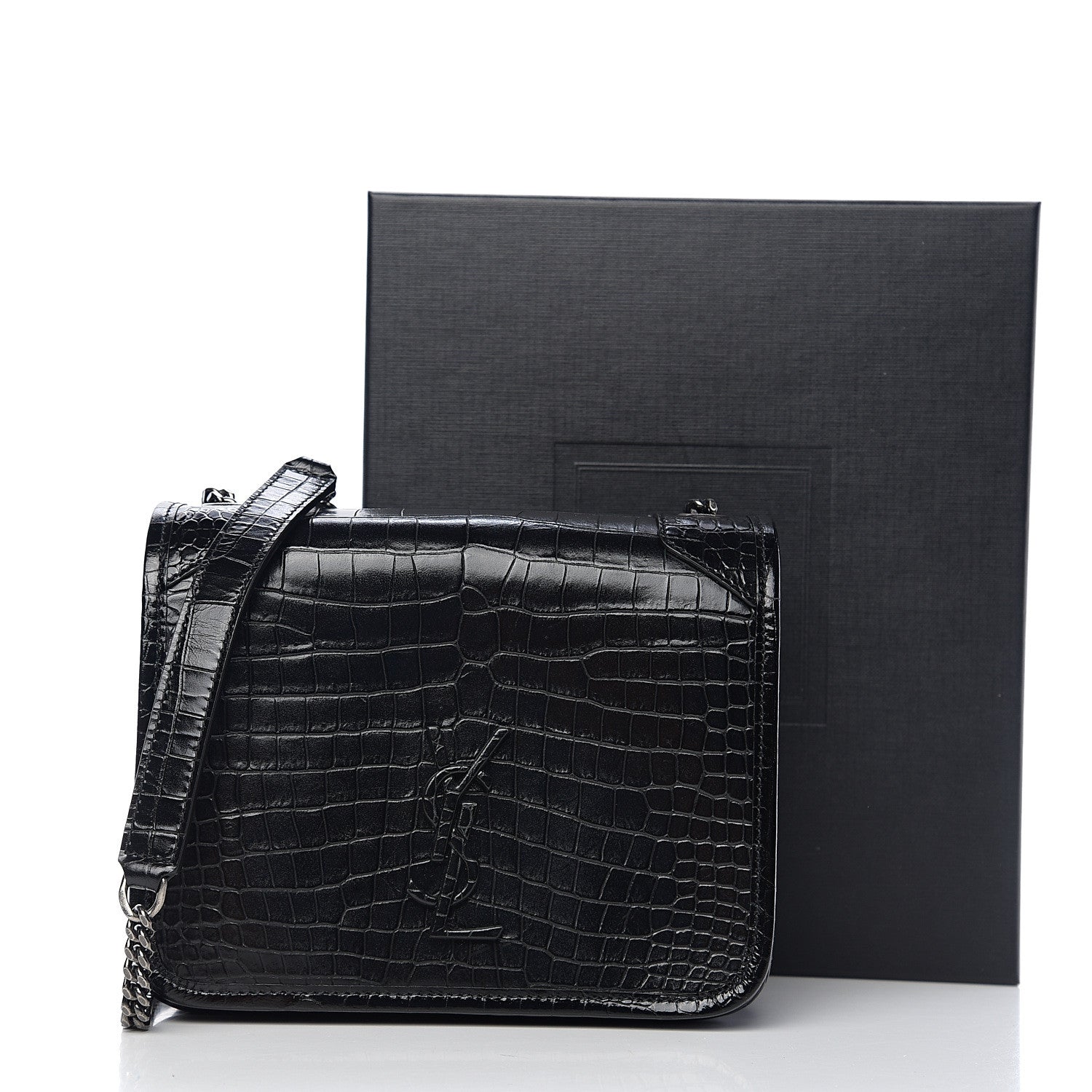 Saint Laurent Crocodile Embossed Lambskin Matelasse Monogram Niki Chain Wallet Black 9 of 9