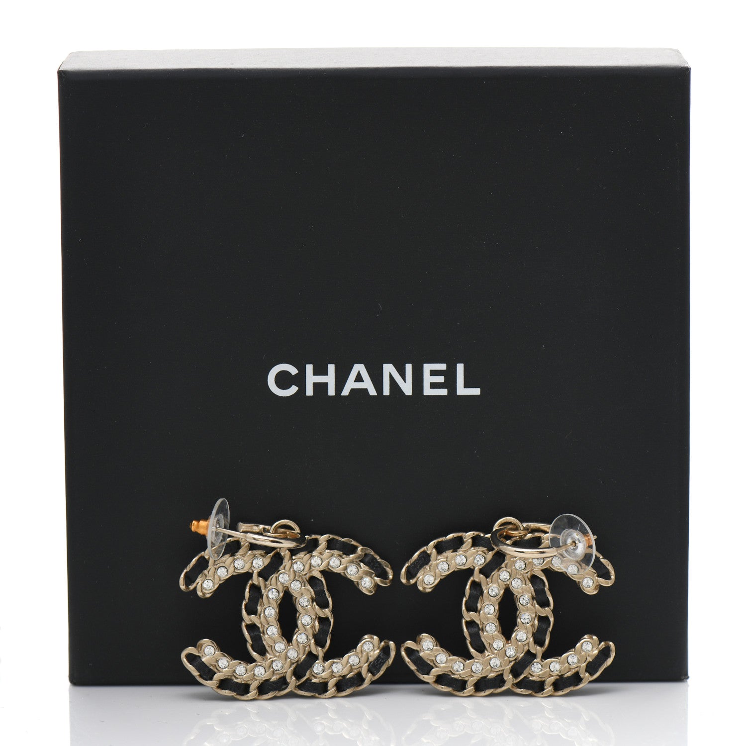 Chanel Crystal Lambskin Chain CC Vintage Allure Stud Earrings Black Gold 5 of 5