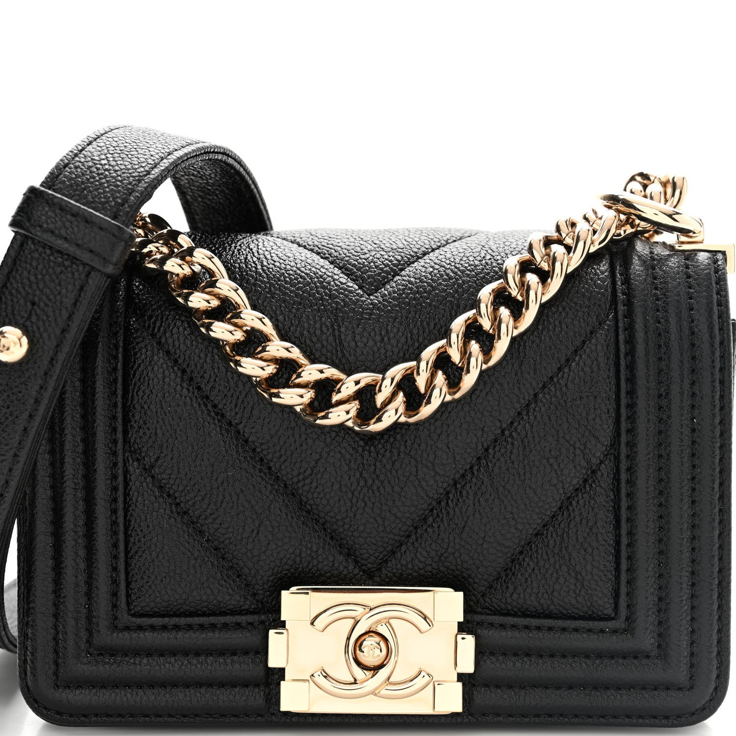Caviar Chevron Quilted Mini Boy Flap Black