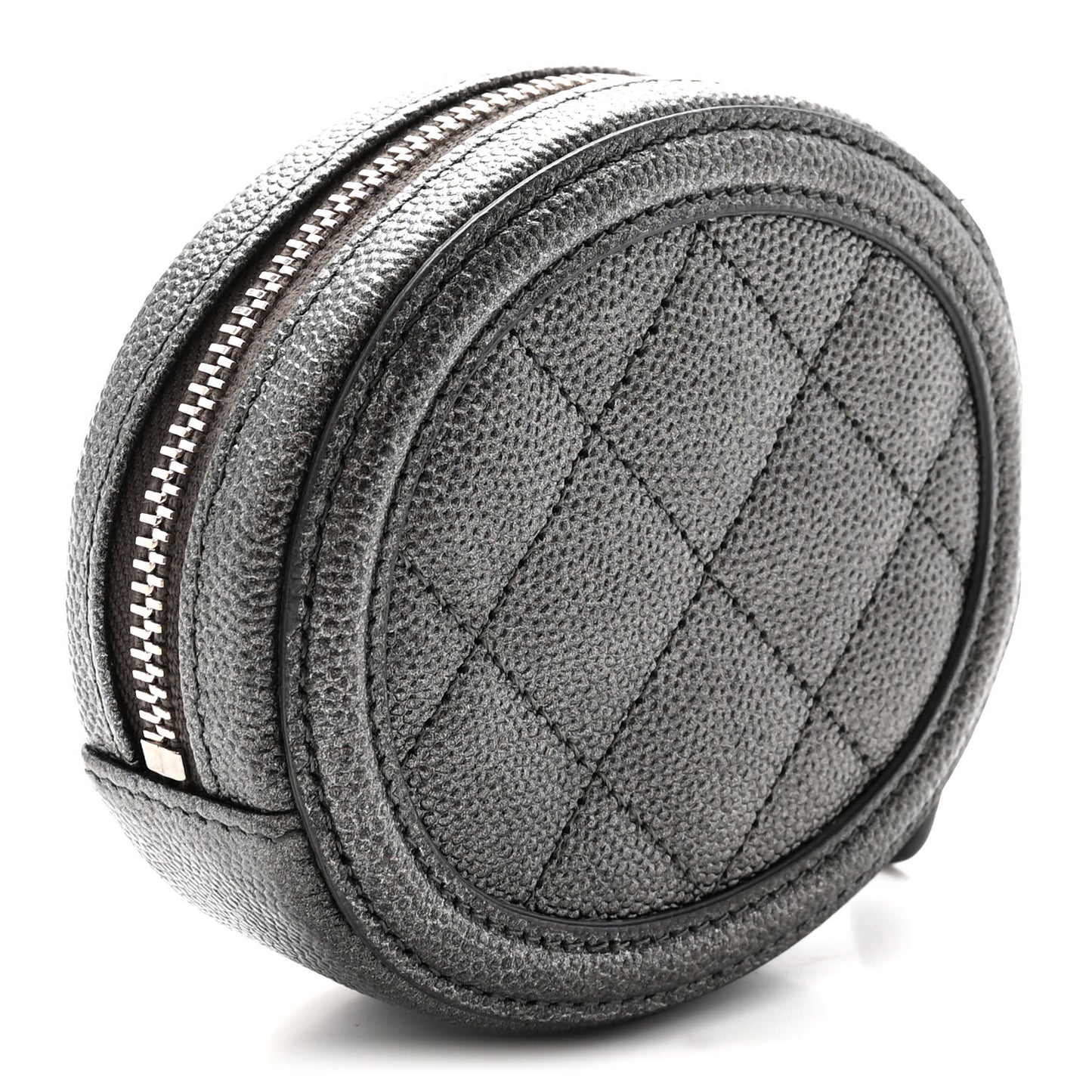 Metallic Caviar Quilted Filigree Zip Around Classic Coin Purse Dark Silver