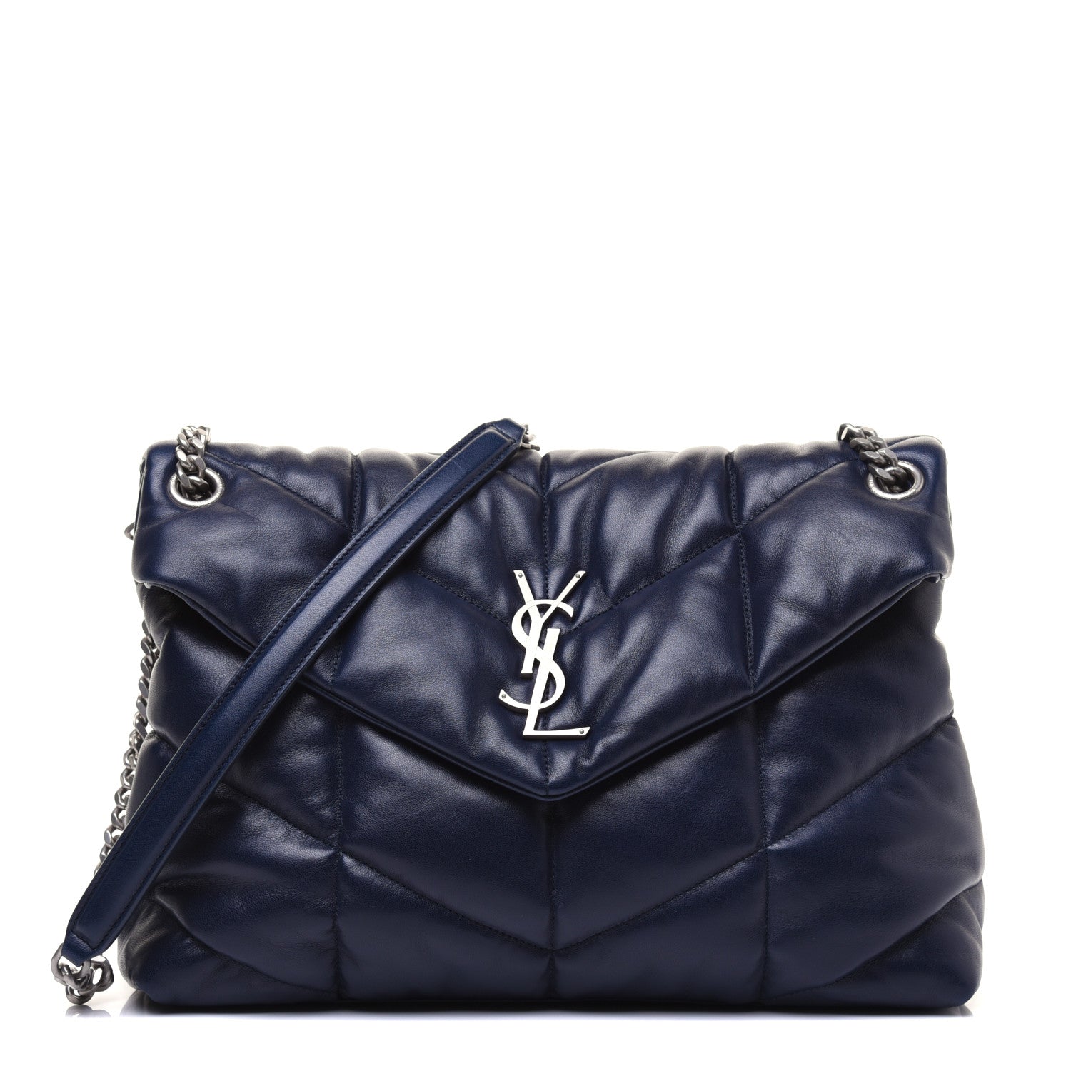Saint Laurent Lambskin Quilted Small Loulou Puffer Monogram Chain Satchel Navy 1 of 24